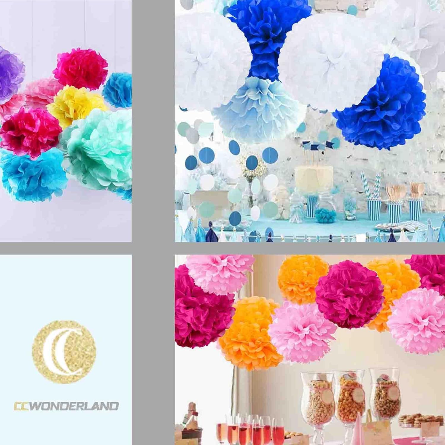 Blue Yellow Red Paper Pom Poms 10inch 12inch Set of 12