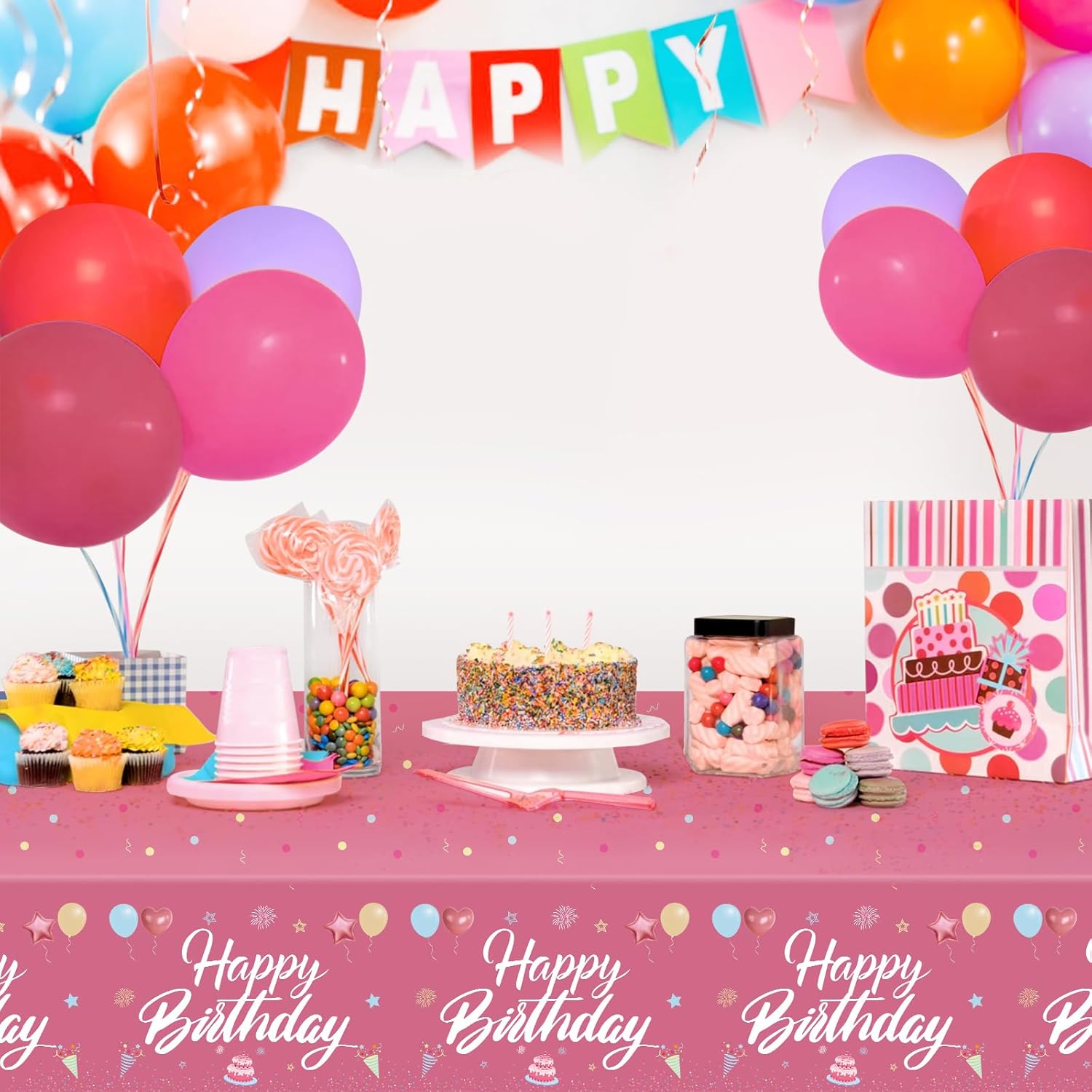 Happy Birthday Tablecloth Decorations 2Pcs Hot Pink Waterproof 108x54 Inch
