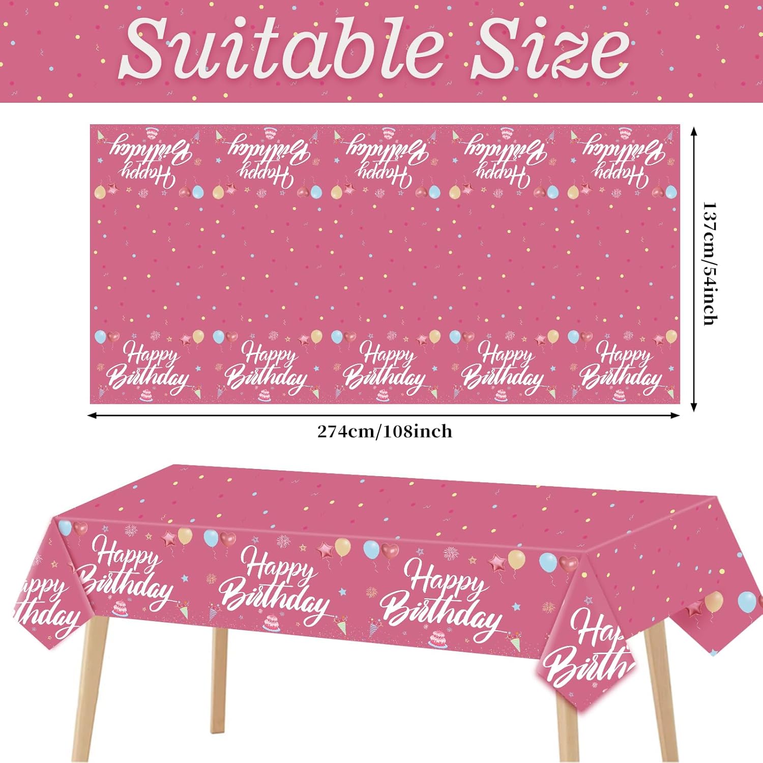 Happy Birthday Tablecloth Decorations 2Pcs Hot Pink Waterproof 108x54 Inch