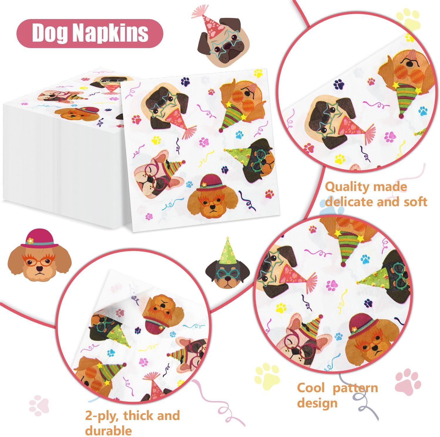 100 Pcs Cute Puppy Dog Party Napkins - 13x13 Inch