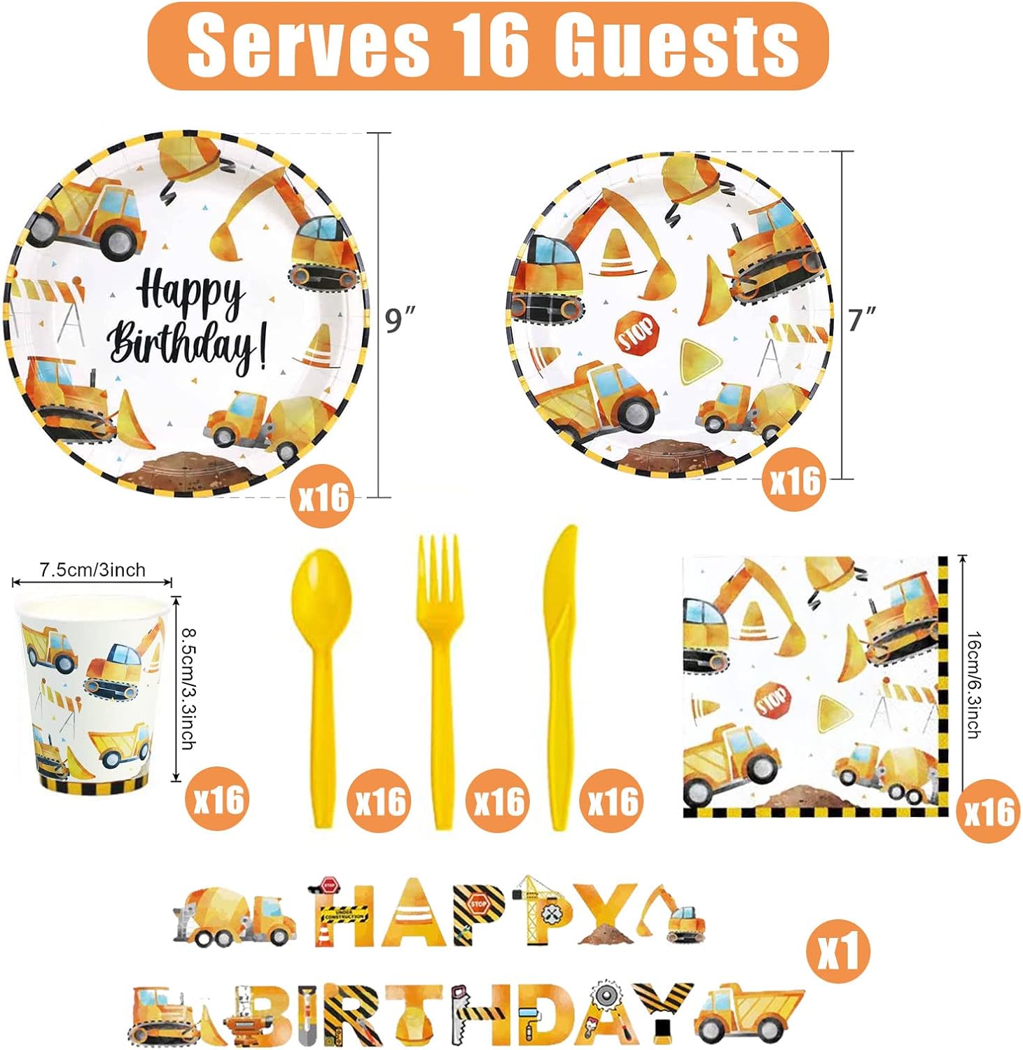 Construction Party Supplies with Birthday Banner 117PCS Excavator Tableware Set Serves 16