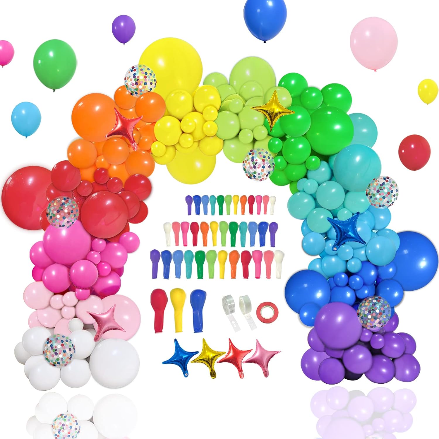 PERPAOL 146pcs Rainbow Balloon Arch Kit with Star Foil Confetti Balloons