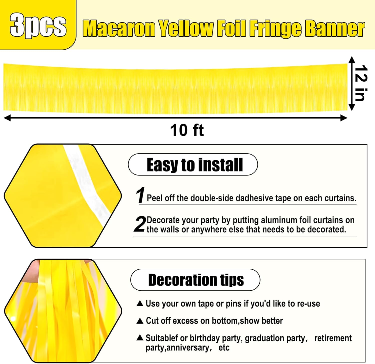 3 Pack Yellow Metallic Foil Fringe Garland for Decorations