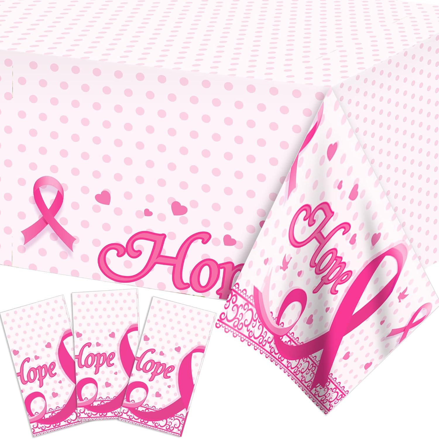 3PCS Breast Cancer Tablecloth Rectangular Plastic Covers Pink Ribbon Decorations