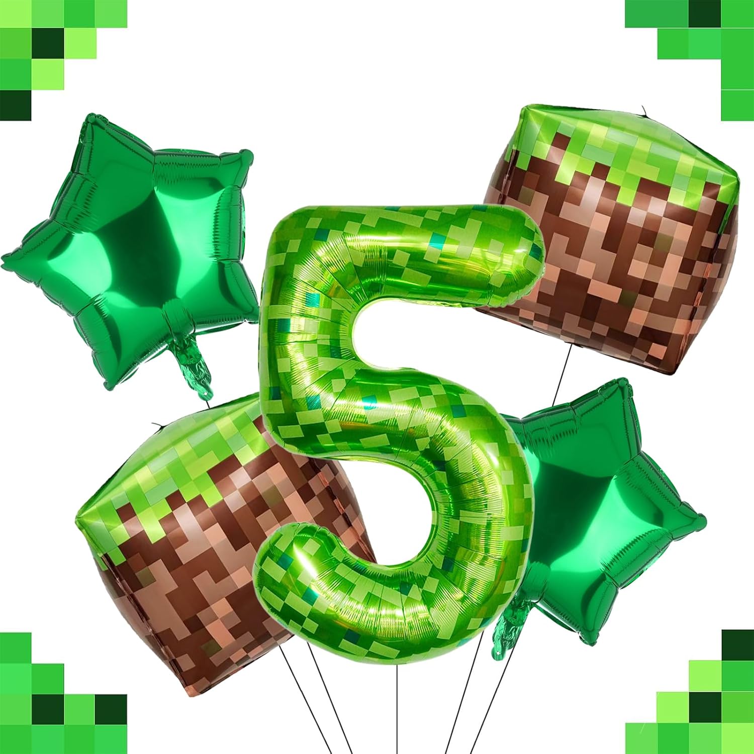 40 Inch Green Pixel Number 5 Foil Balloon Set