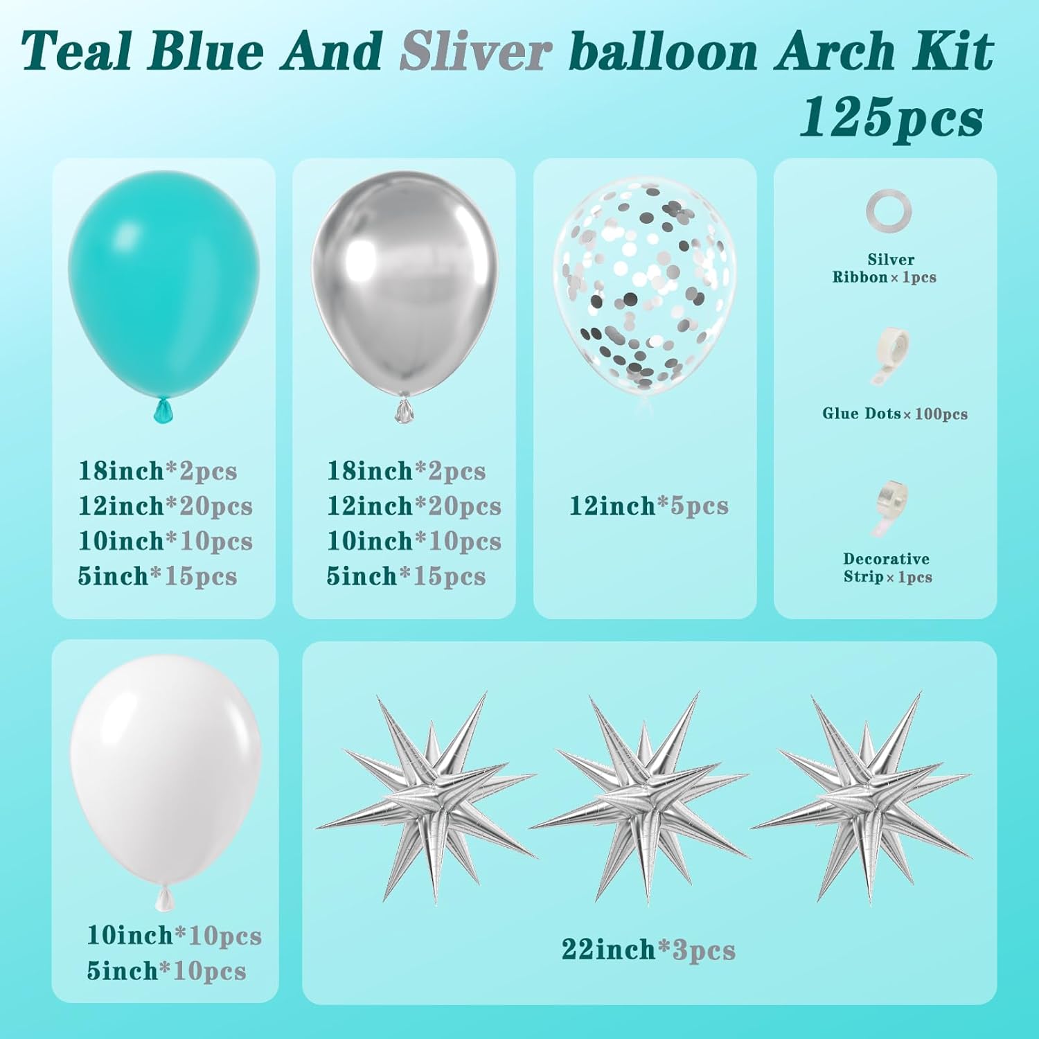 125pcs Teal Blue Silver Balloon Arch Kit