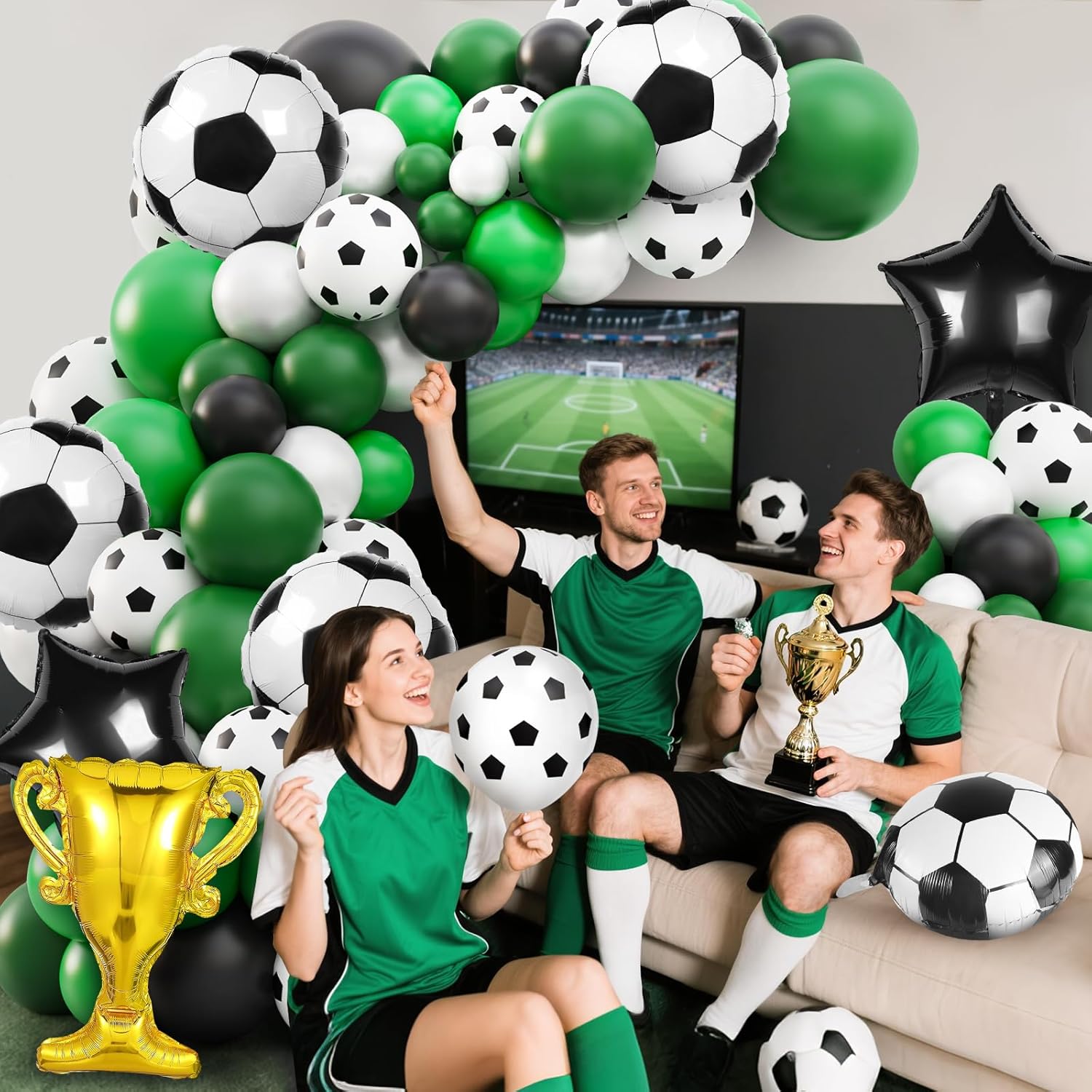 Soccer Party Decor Kit 113Pcs Green White Black Balloons