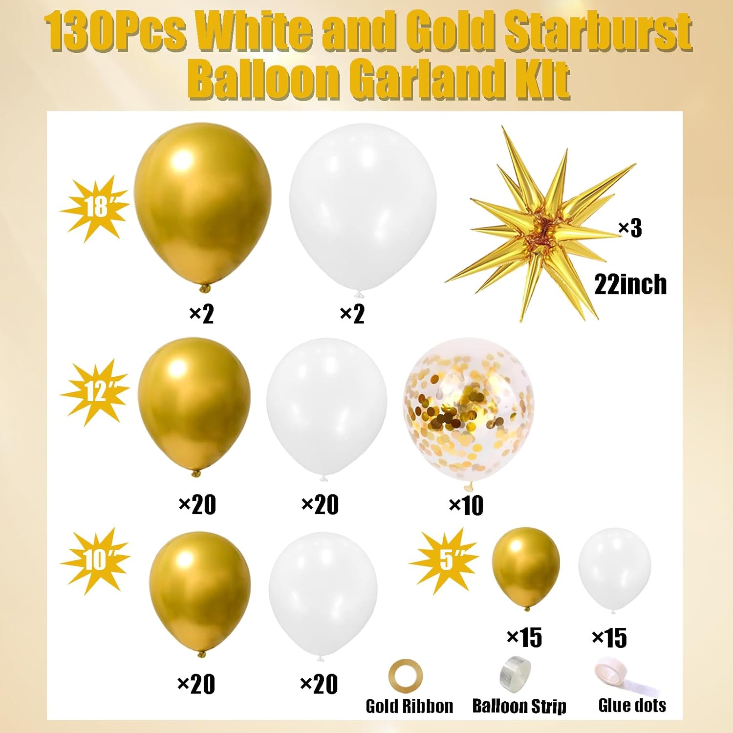 White and Gold Balloons Garland Arch Kit - 130Pcs Set