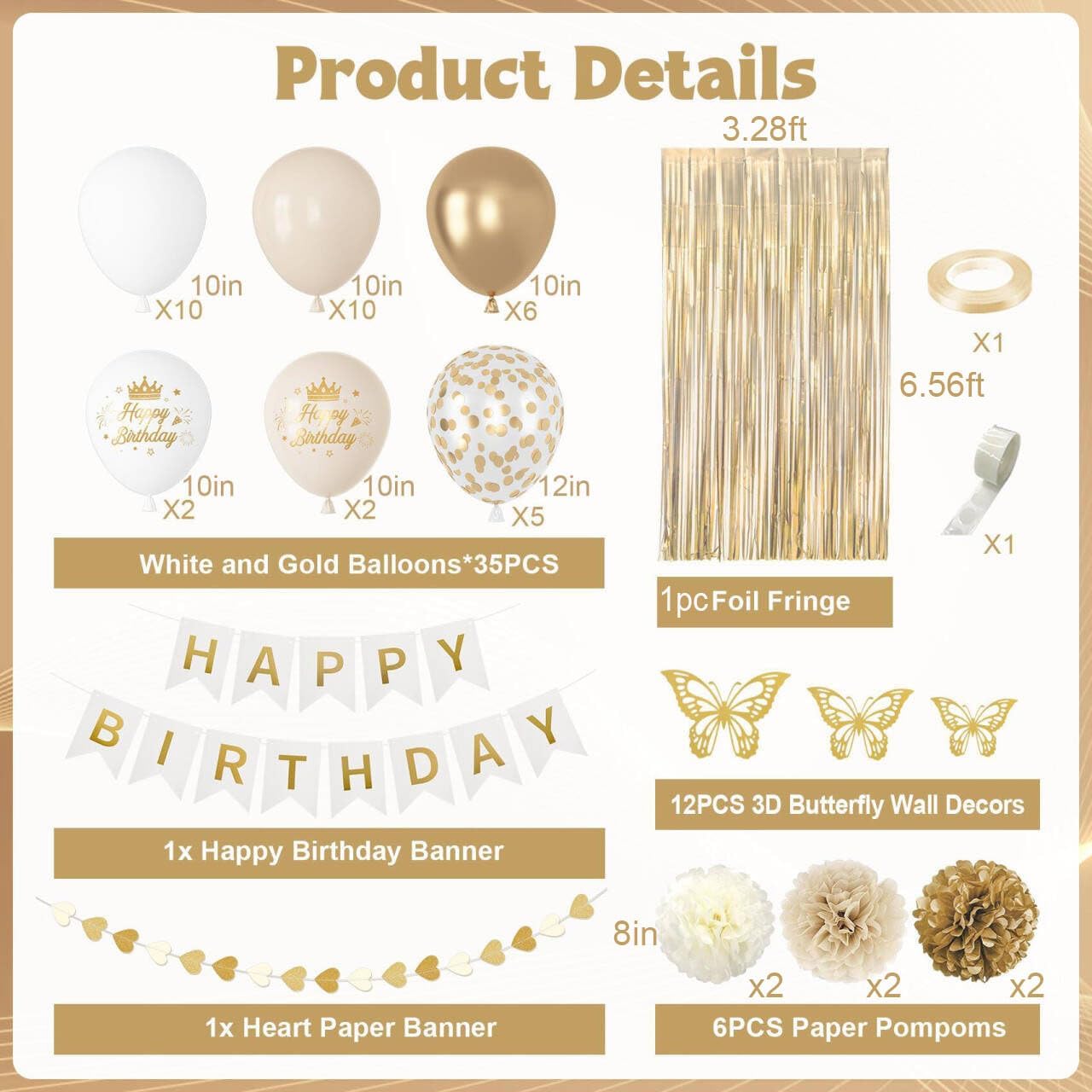 Ouddy Party White and Gold Birthday Decorations
