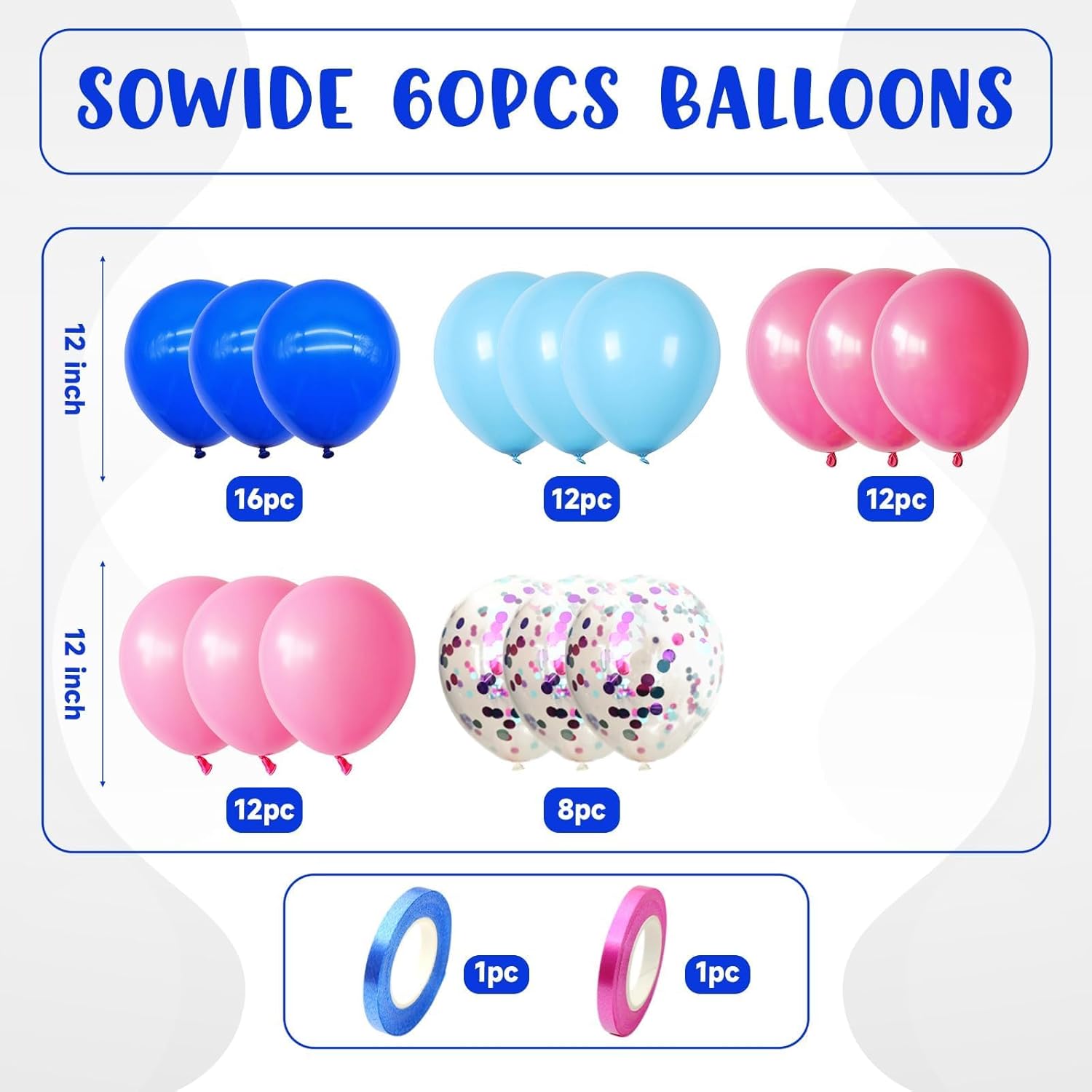 60pcs 12 Inch Pink Blue Balloons Set Confetti Birthday Decorations