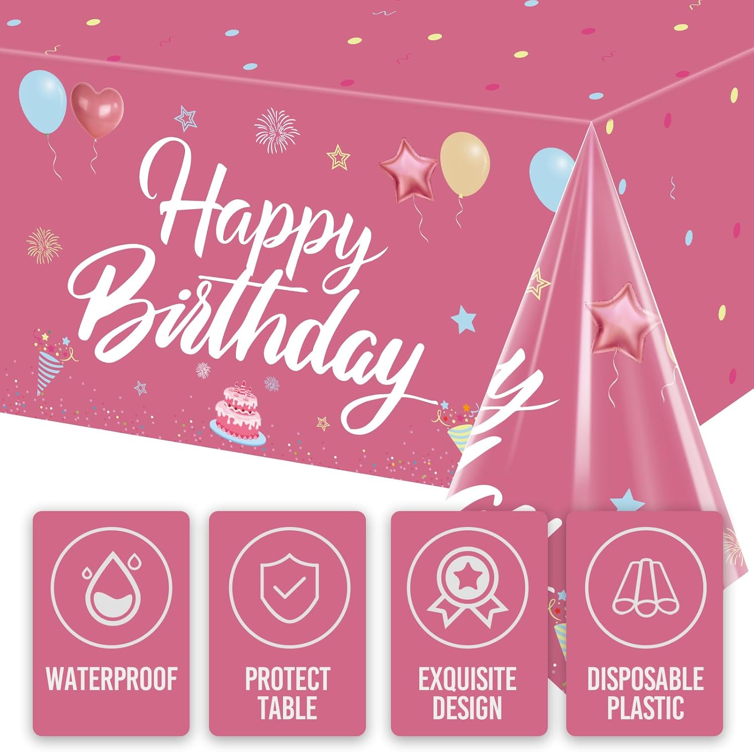 Happy Birthday Tablecloth Decorations 2Pcs Hot Pink Waterproof 108x54 Inch