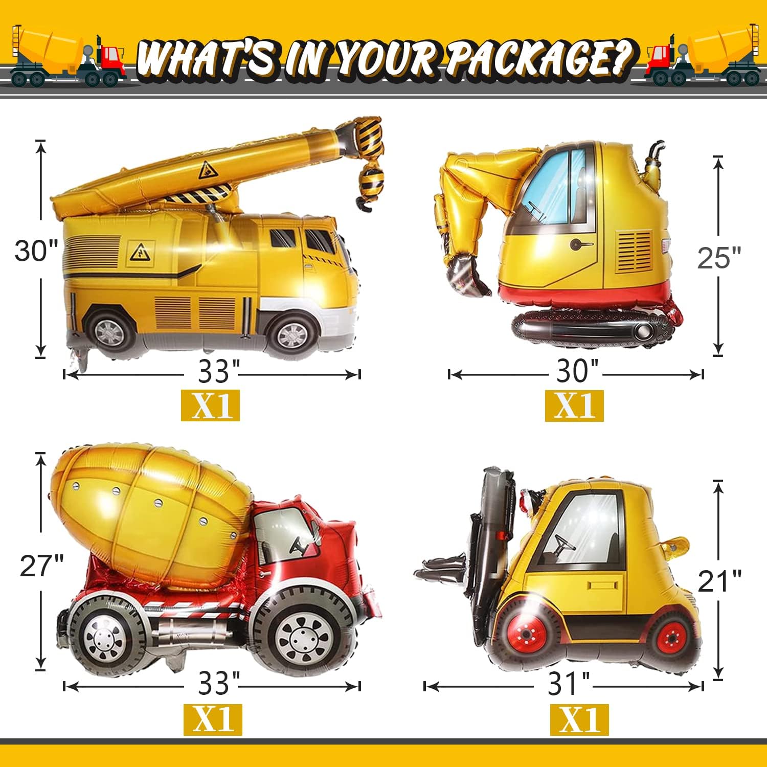 Construction Truck Balloons for 3rd Birthday Party Decorations