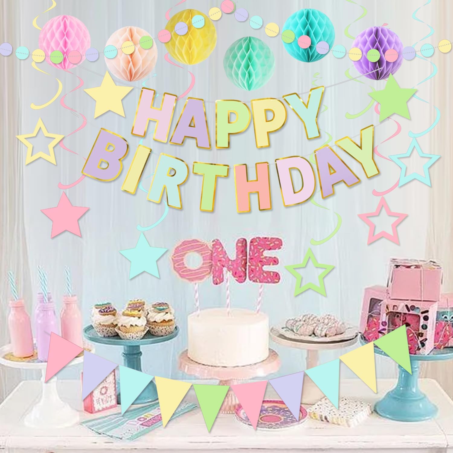 Macaron Birthday Decorations Set - Banners Garland Balls and Streamers