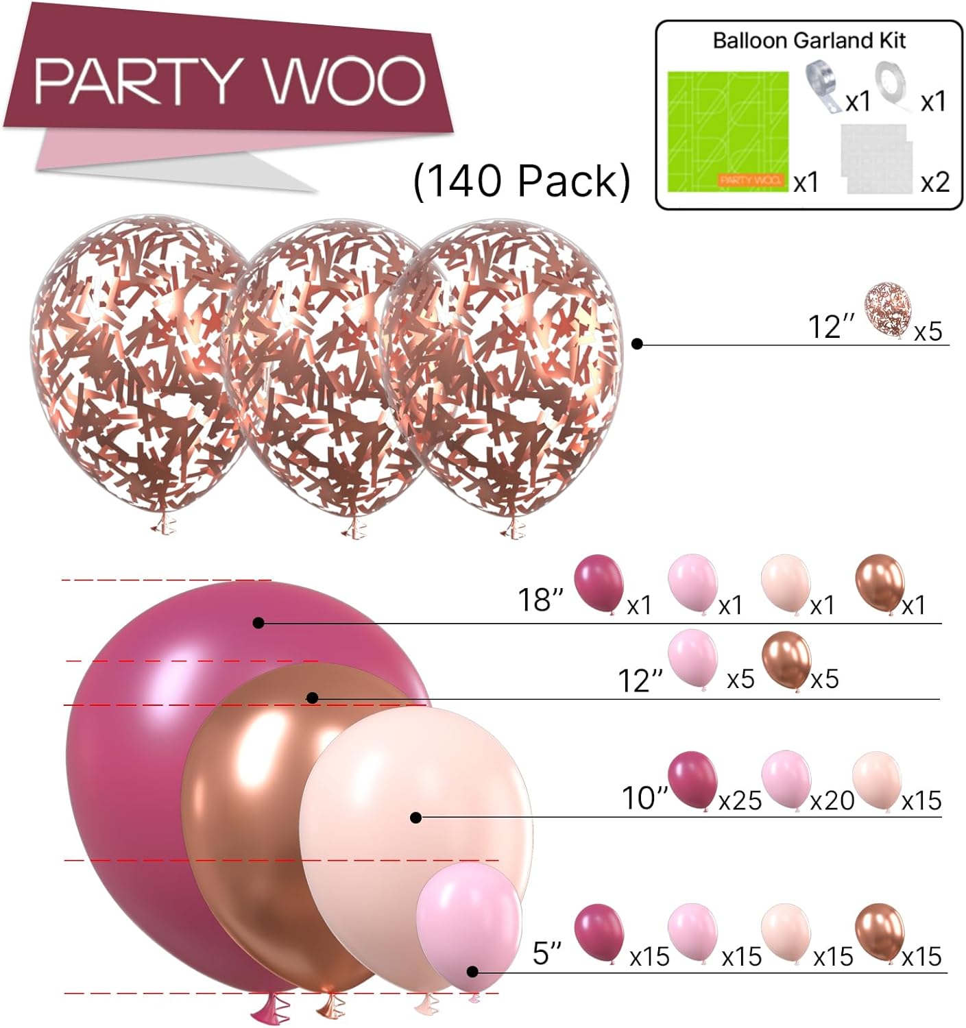 PartyWoo Pink Gold Balloon Arch Kit 140 pcs