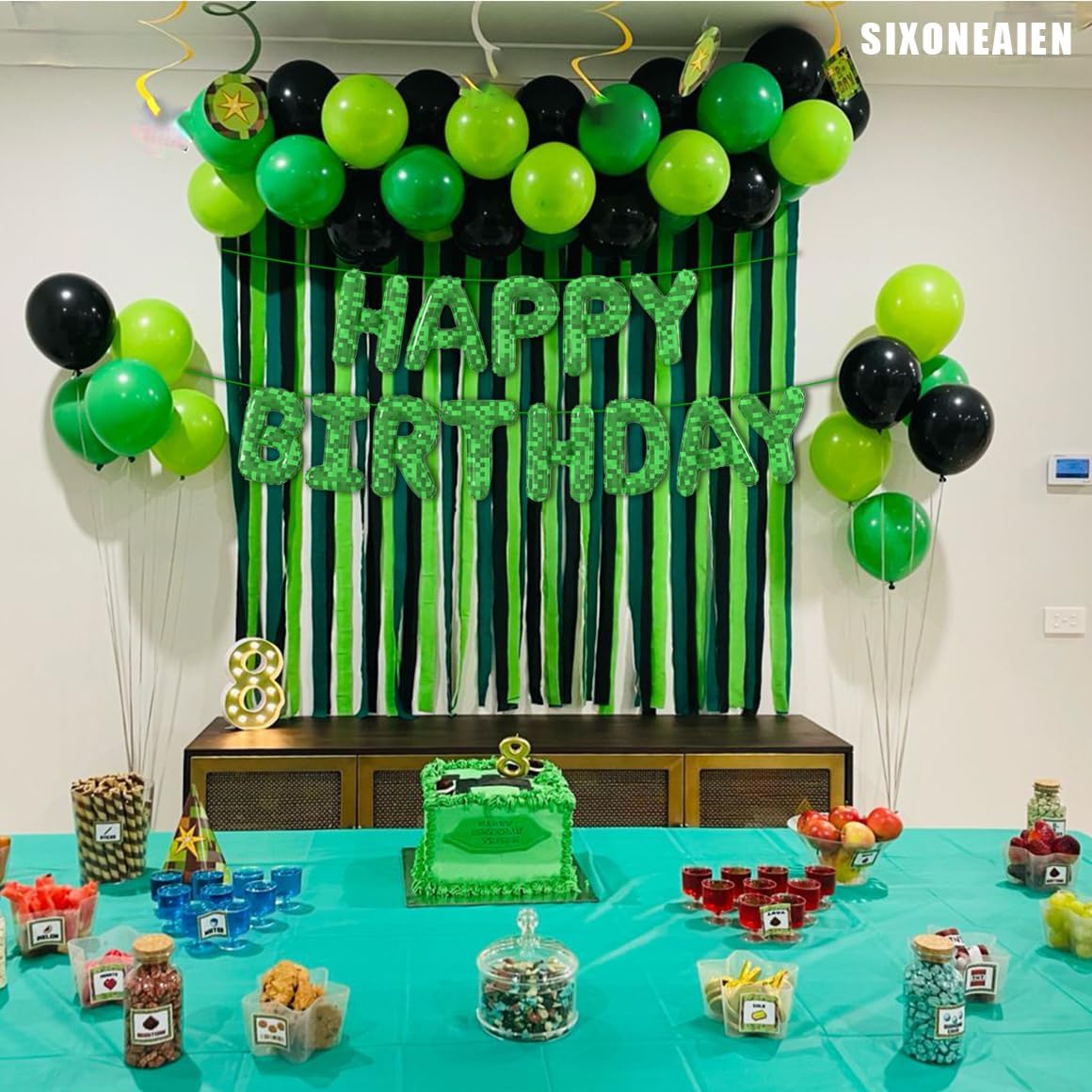 Green Pixel Miner Theme Birthday Foil Balloons