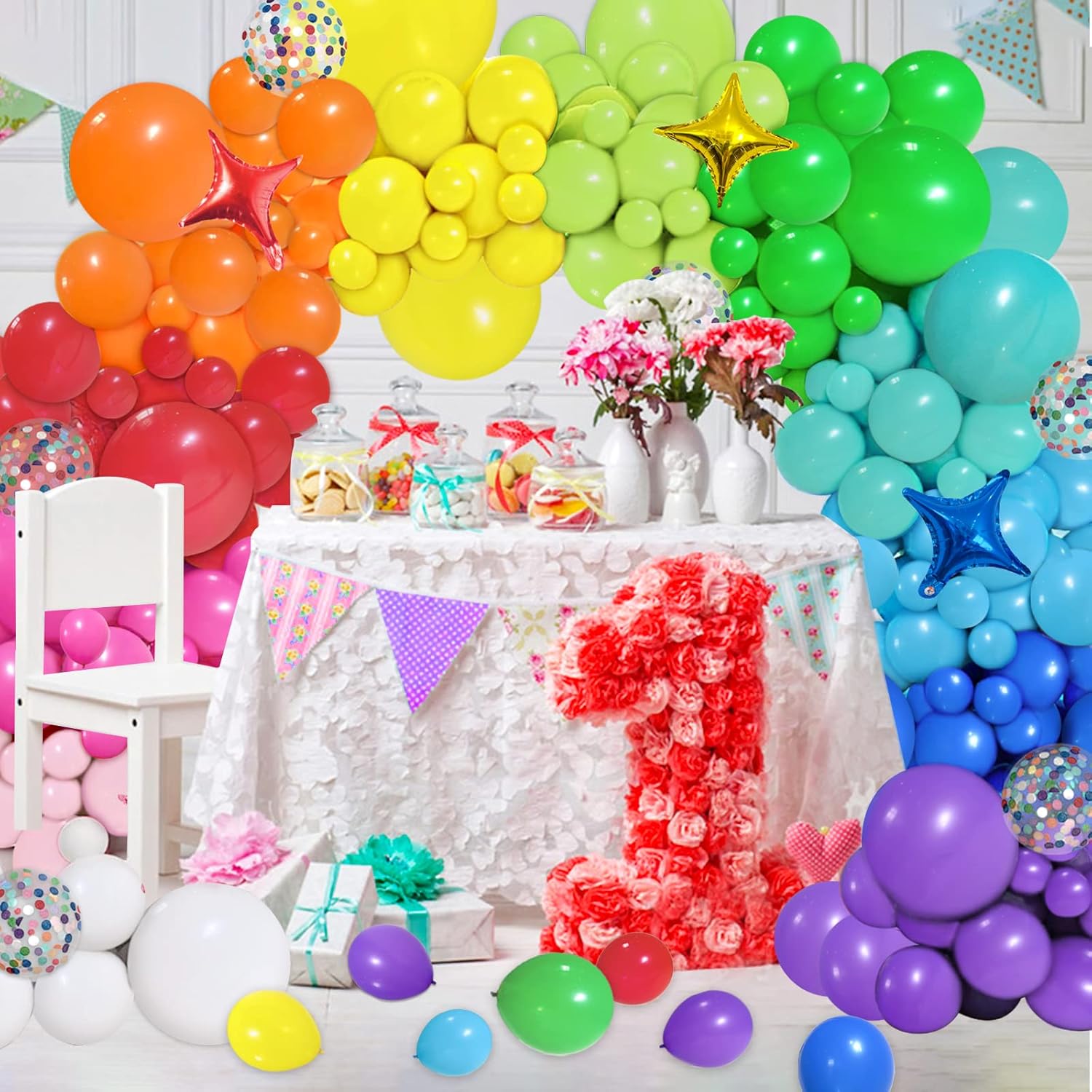 PERPAOL 146pcs Rainbow Balloon Arch Kit with Star Foil Confetti Balloons