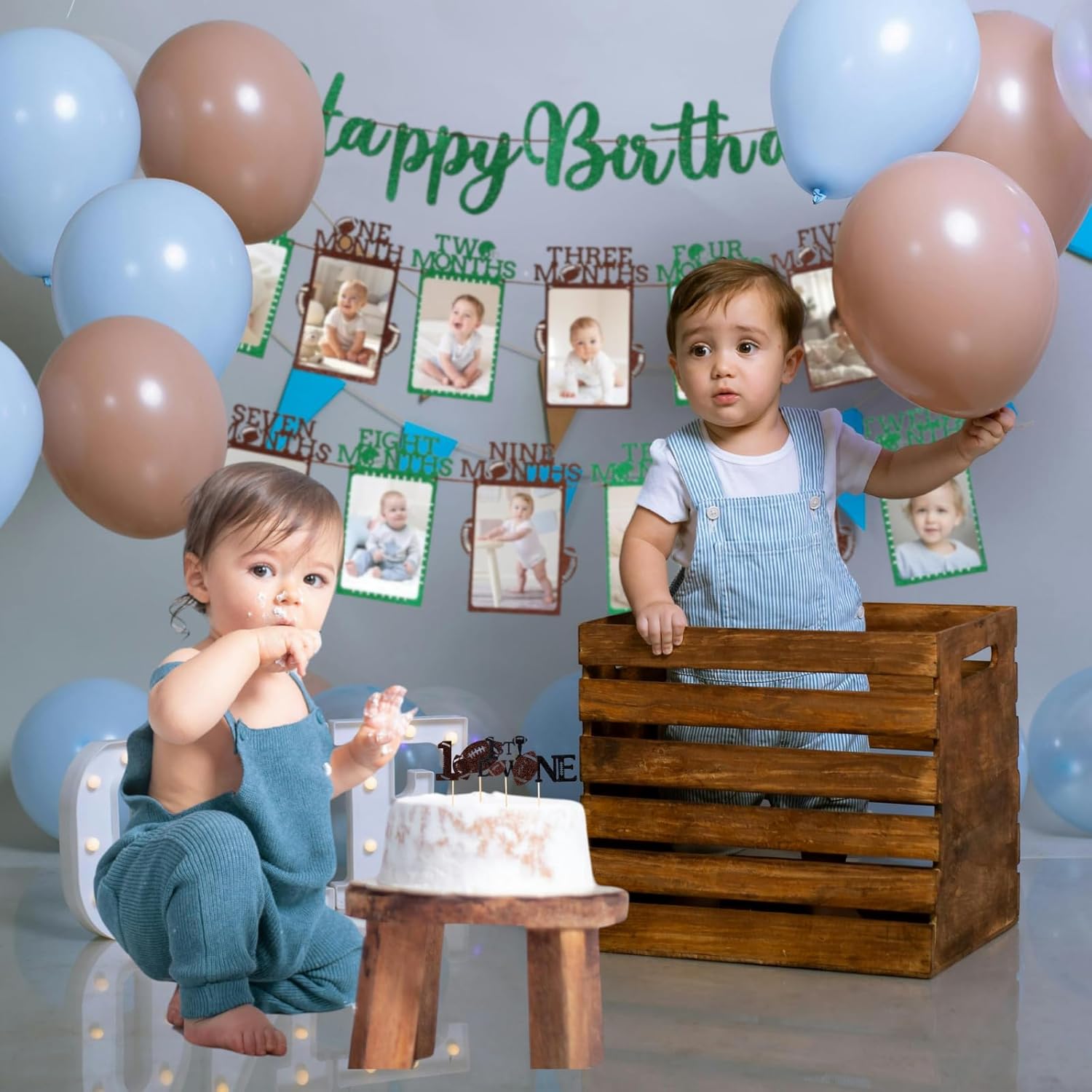 Glitter Football Birthday Photo Banner Set with 24pcs Cake Toppers