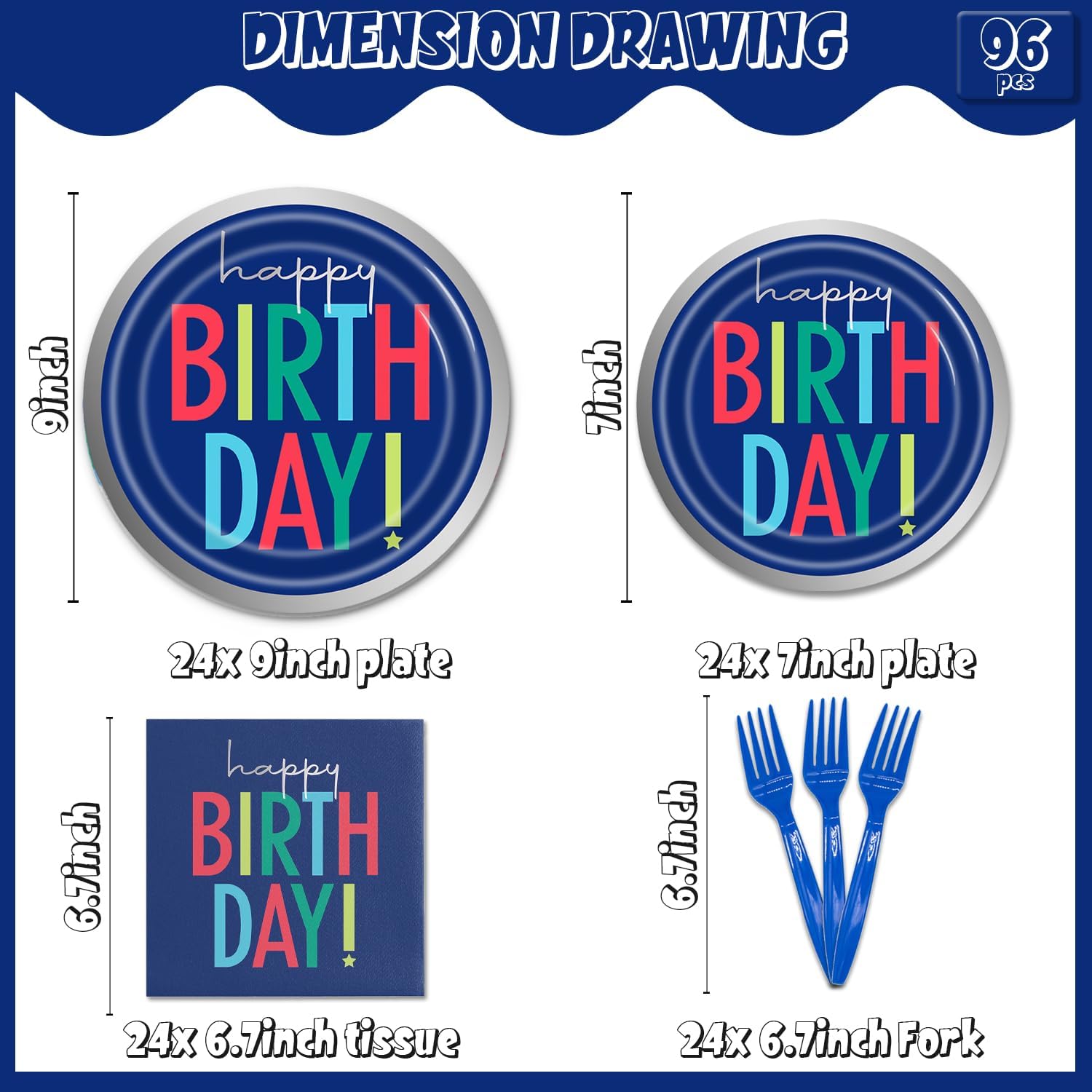 96Pcs Dark Blue Birthday Tableware Set for 24 Guests