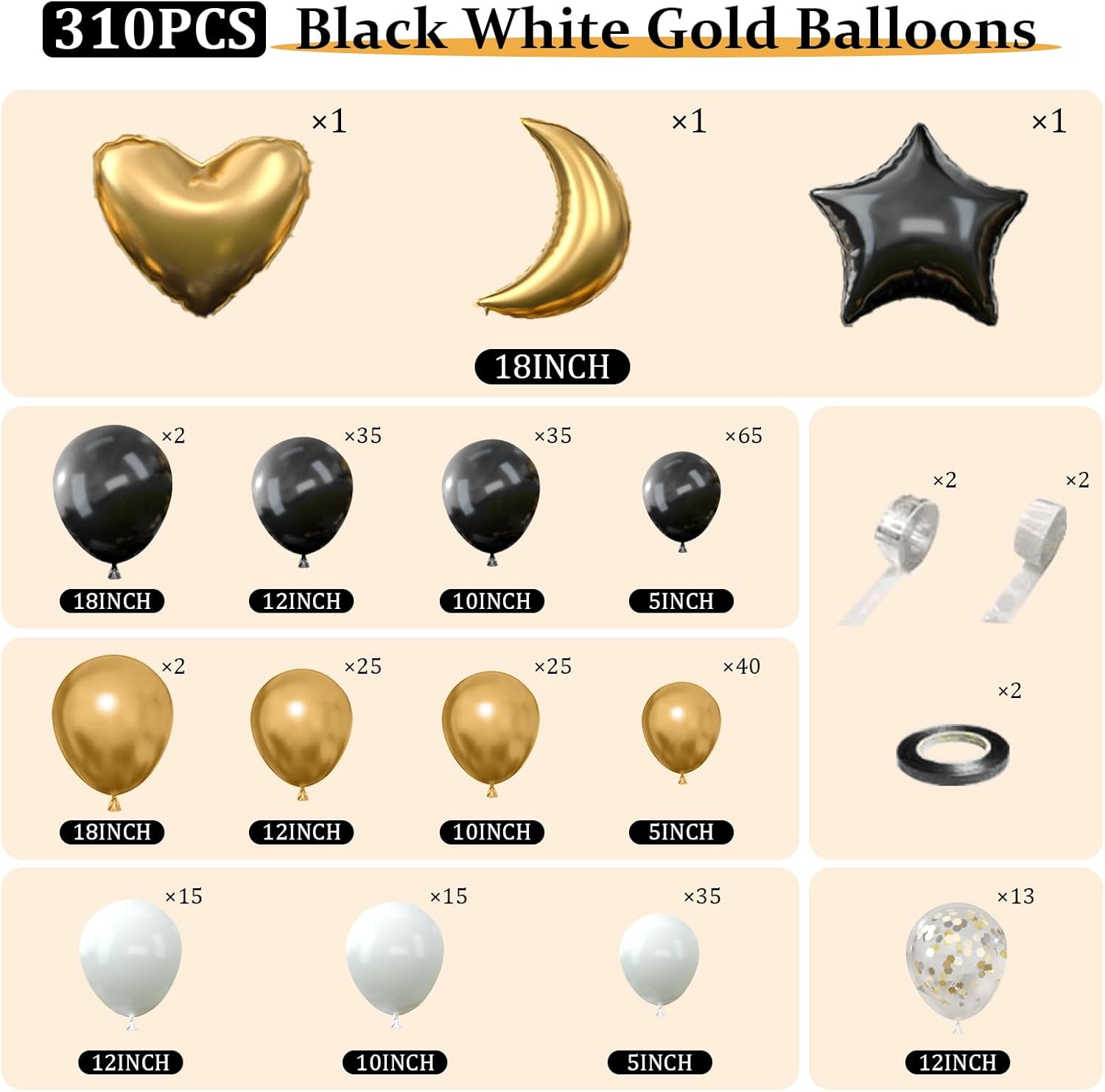 310pcs Black Gold Balloon Arch Kit for Parties