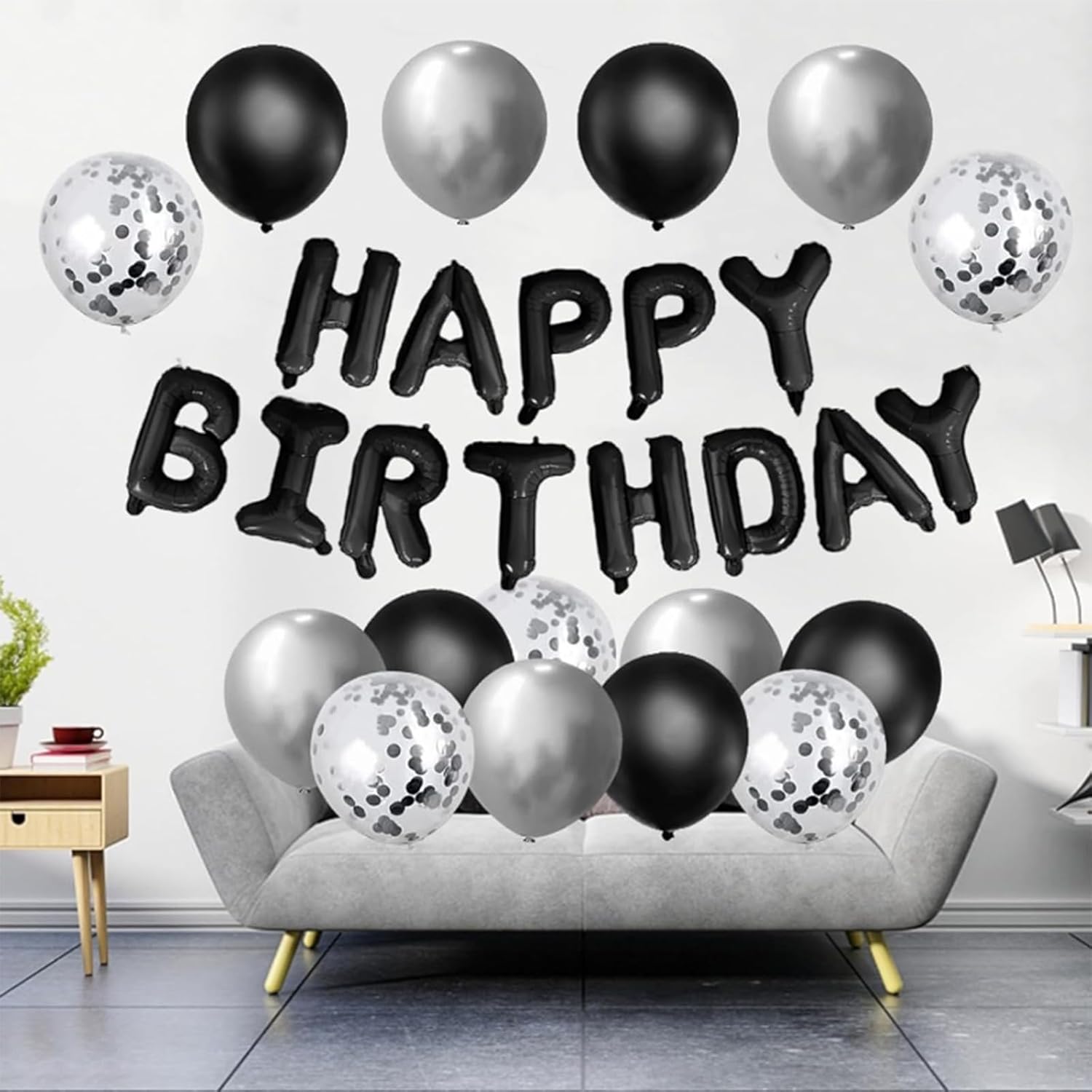 31PCS Birthday Balloons Decor Kit Black Silver Foil