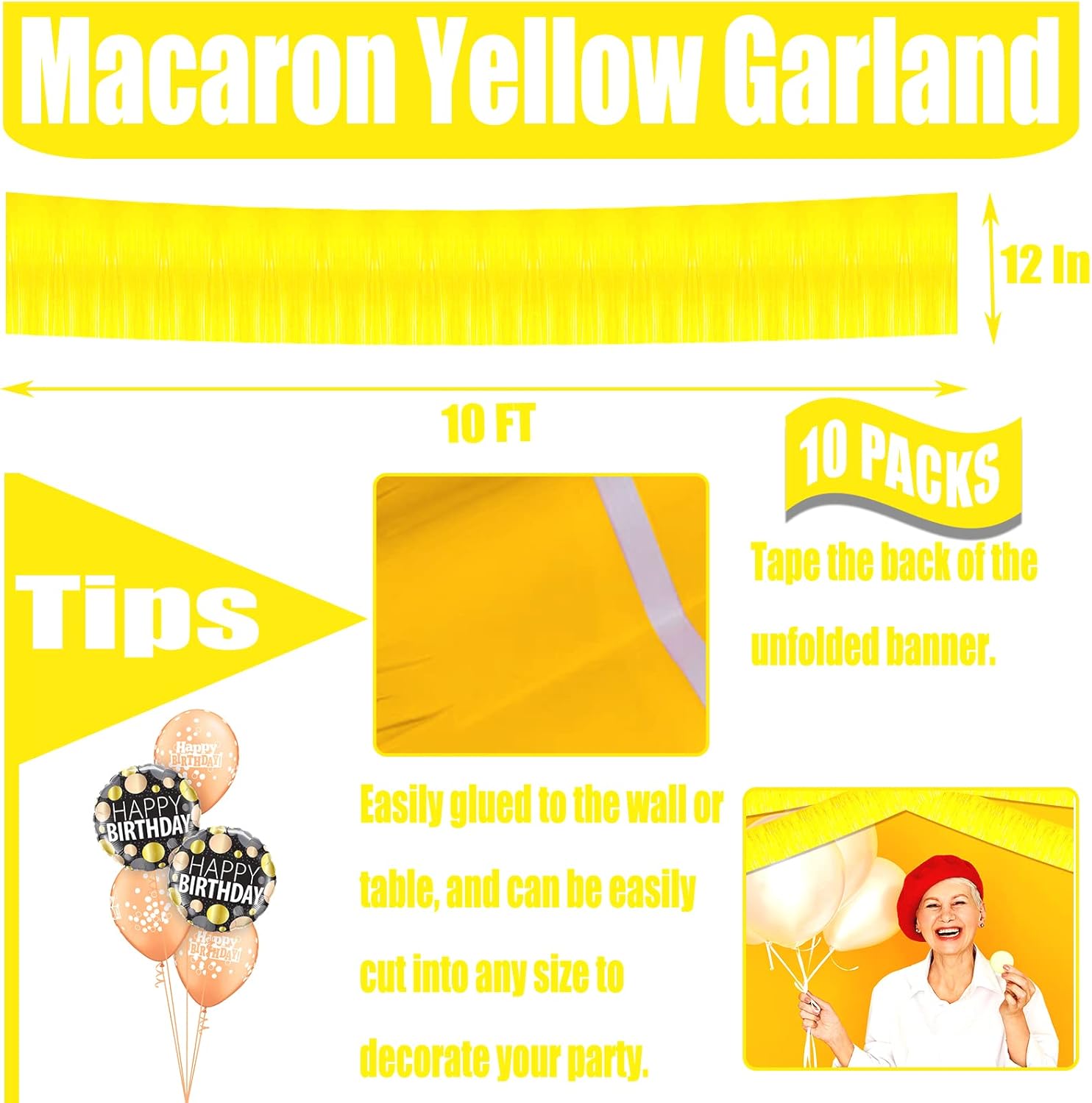 10 Pack Yellow Metallic Tinsel Garland for Decorations