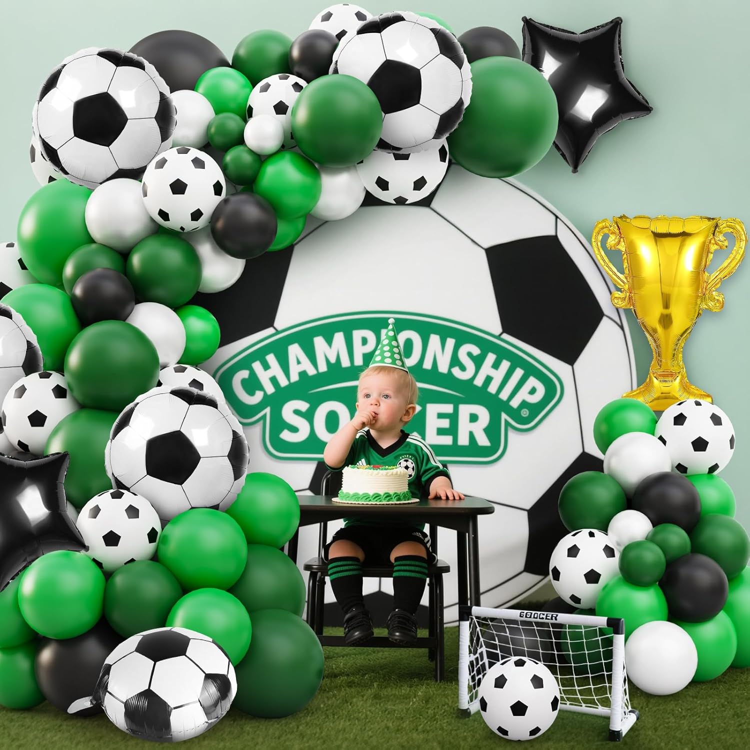 Soccer Party Decor Kit 113Pcs Green White Black Balloons