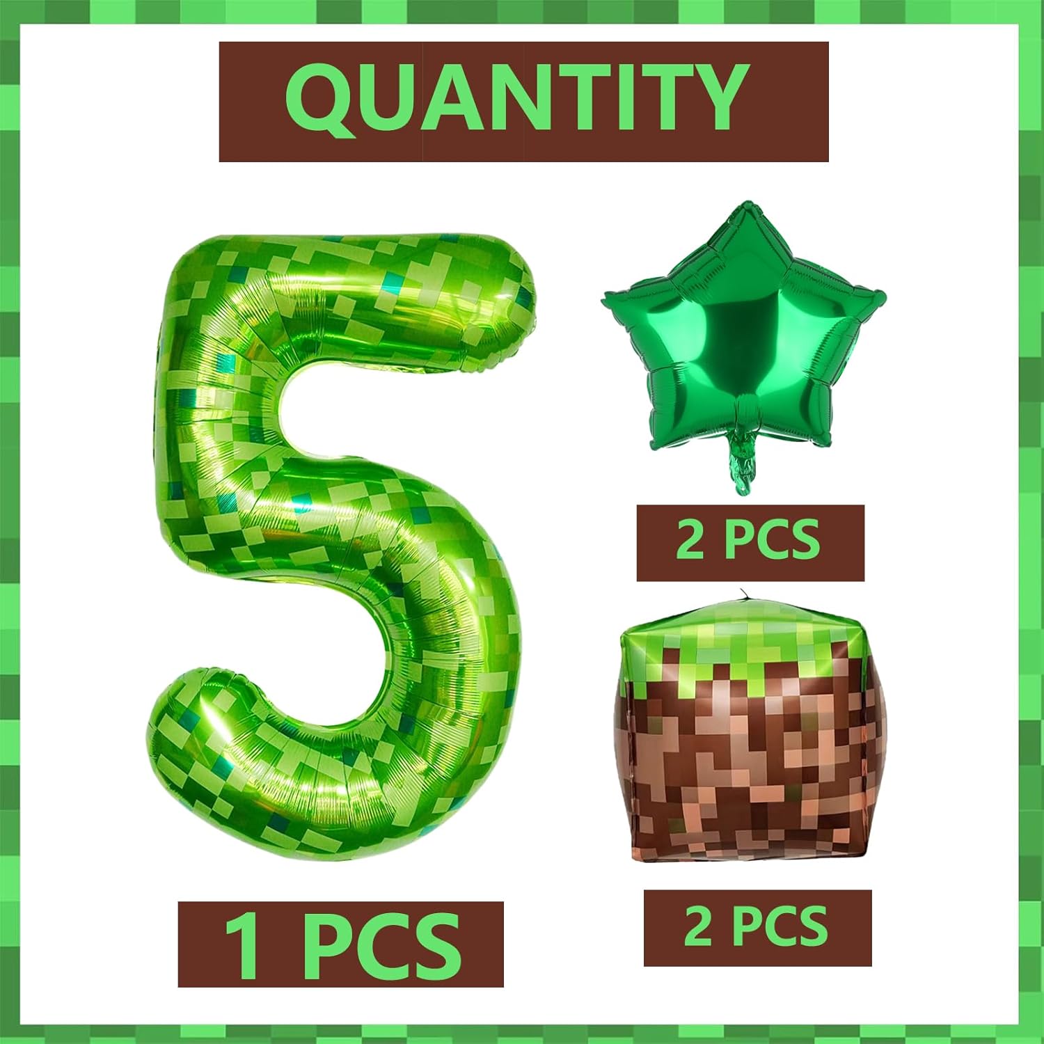 40 Inch Green Pixel Number 5 Foil Balloon Set