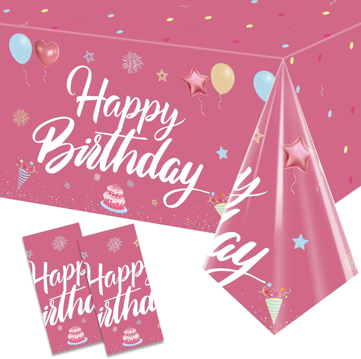 Happy Birthday Tablecloth Decorations 2Pcs Hot Pink Waterproof 108x54 Inch