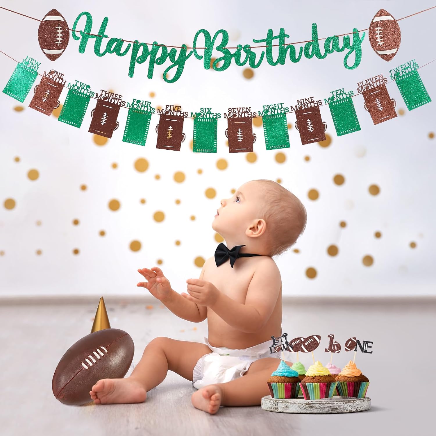 Glitter Football Birthday Photo Banner Set with 24pcs Cake Toppers