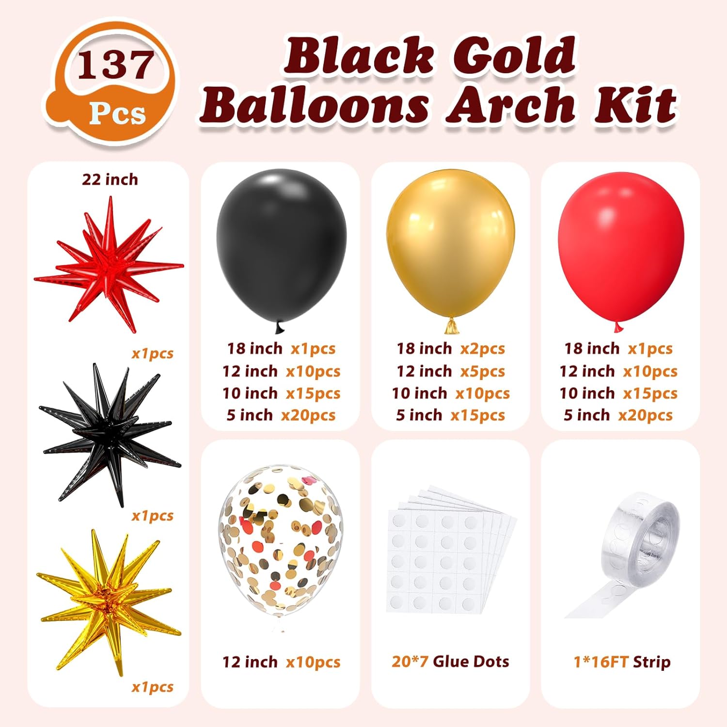 LOOLEY 137Pcs Red Black Gold Balloons Garland Arch Kit with Stars