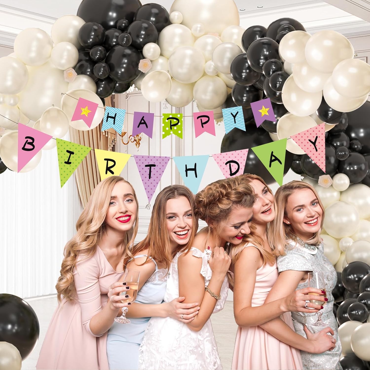 134pcs Double Stuffed Pearl White and Black Balloons Garland Arch Kit