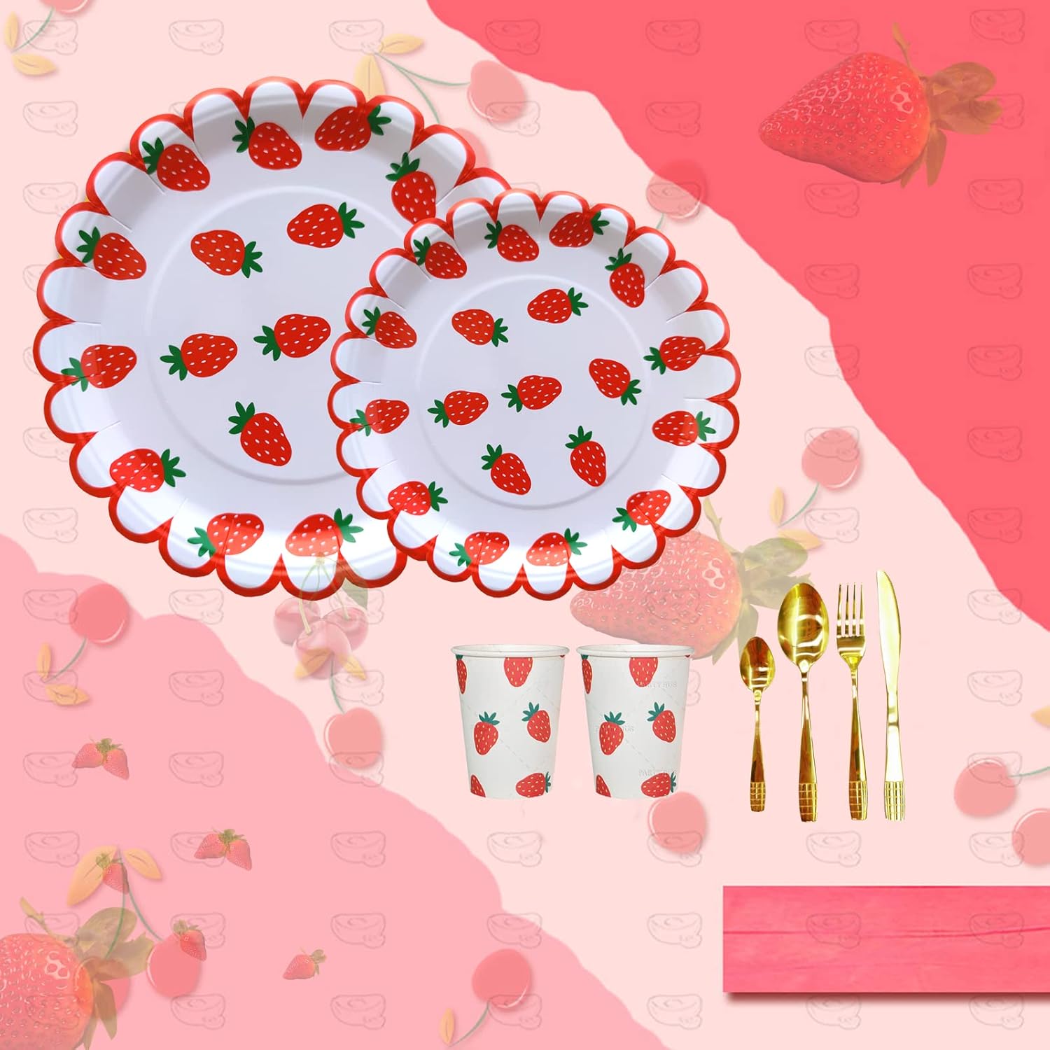 64 Piece Strawberry Themed Party Cutlery Set - Red for 16 Guests