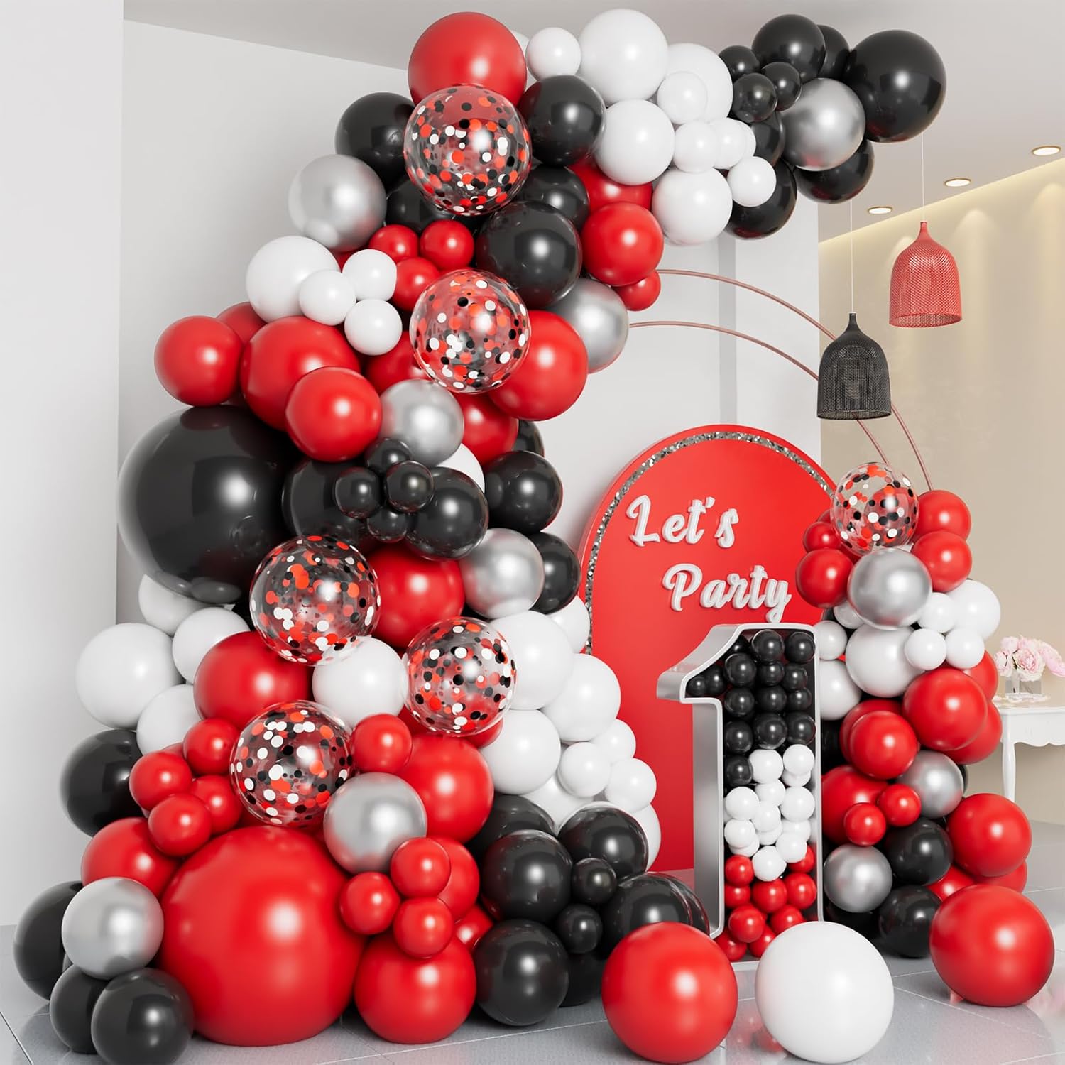 DBKL Party Balloon Garland Arch Kit with Red Black White Silver Confetti Balloons