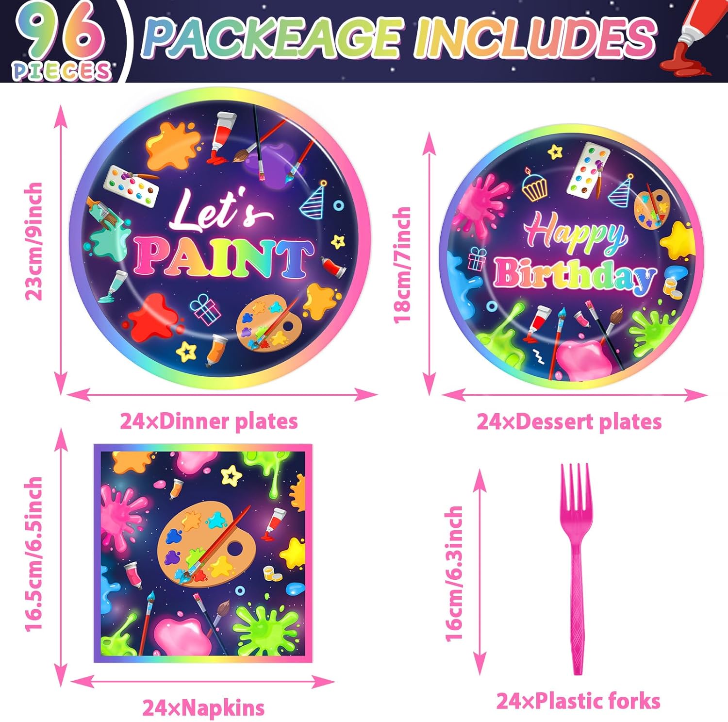 Justforjoyful 96Pcs Neon Paint Party Set for 24 Guests