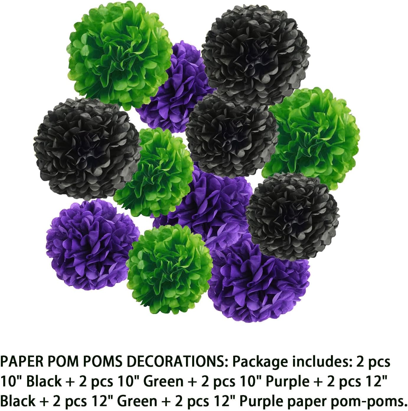 12pcs Black Green Purple Paper Pom Poms Halloween Decorations