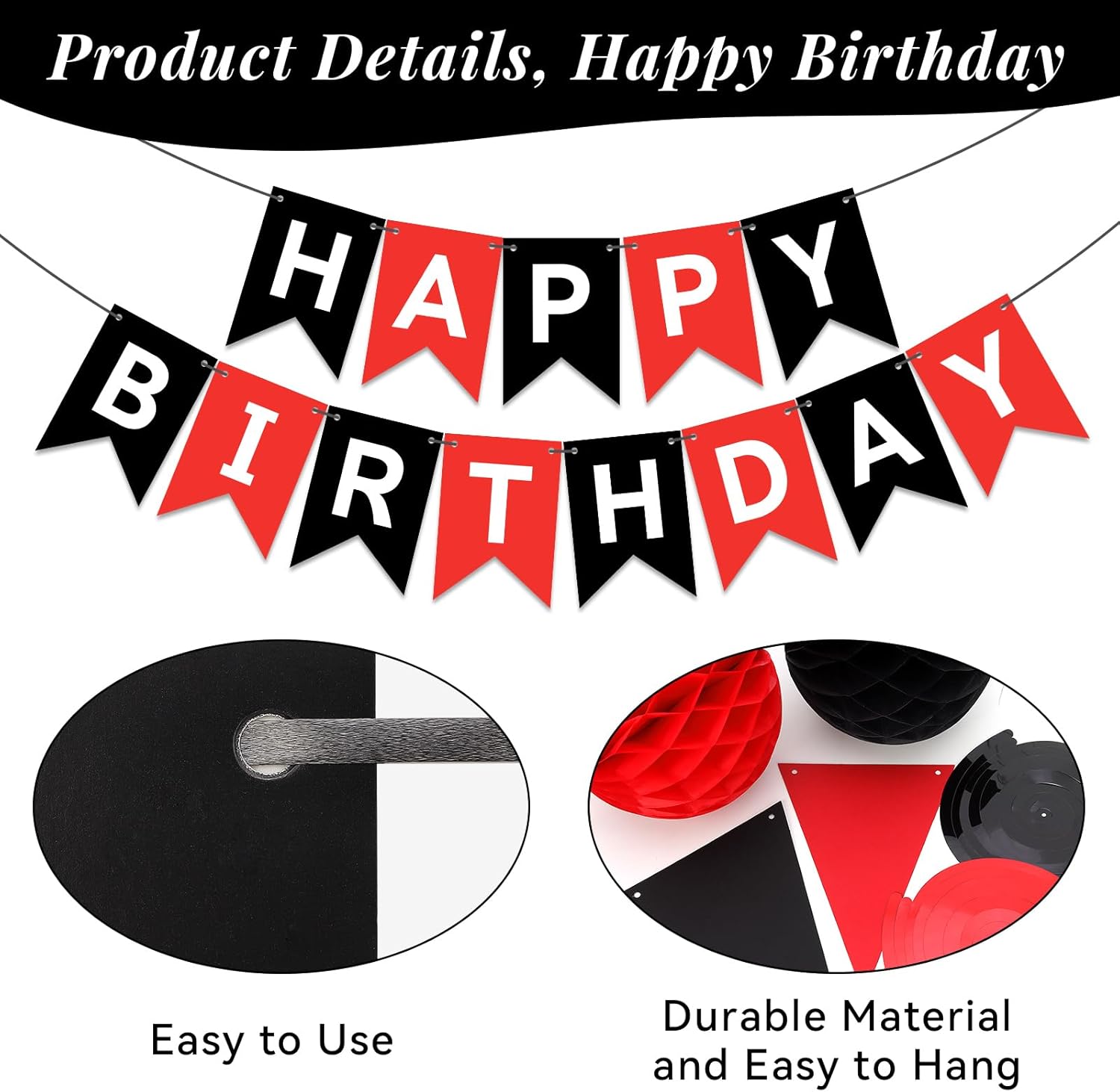 Red Black Happy Birthday Banner Decorations