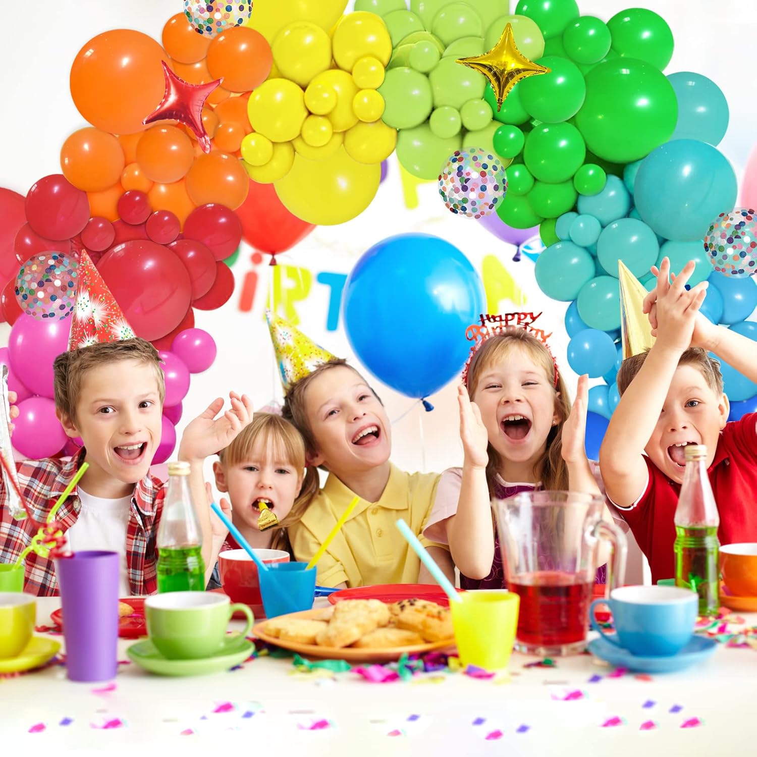 PERPAOL 146pcs Rainbow Balloon Arch Kit with Star Foil Confetti Balloons