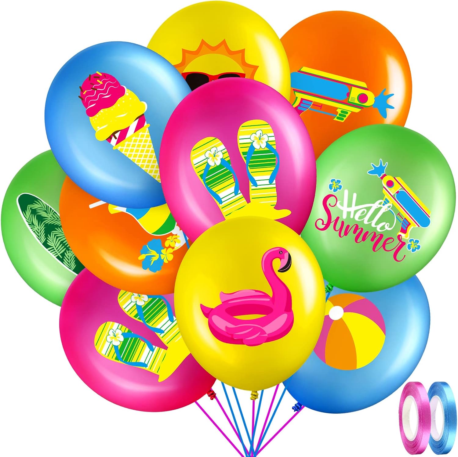 Threan 50 Pcs Summer Party Balloons with Ribbons 12 Inches