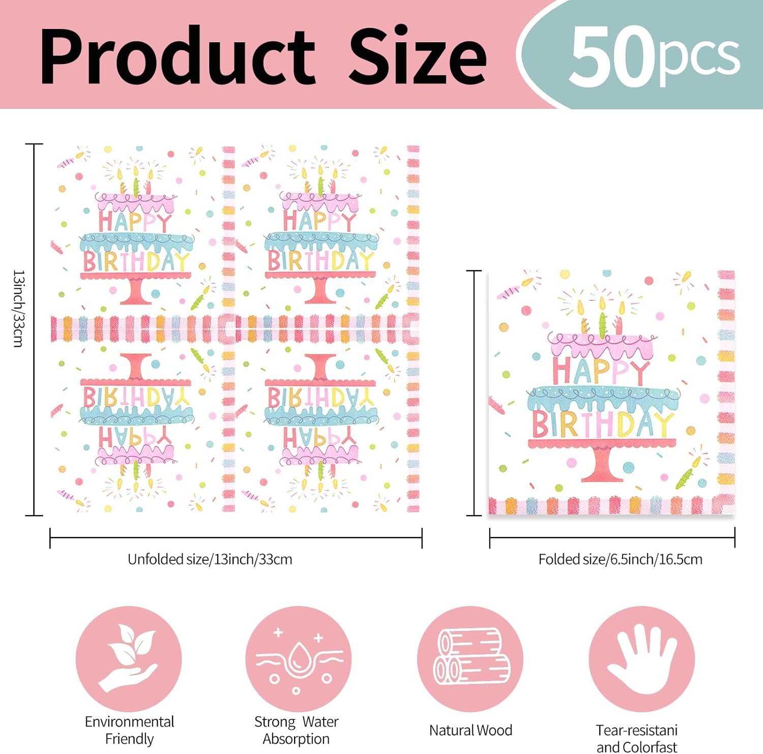 50 Pieces Birthday Napkins Cake Themed 13x13 Inches