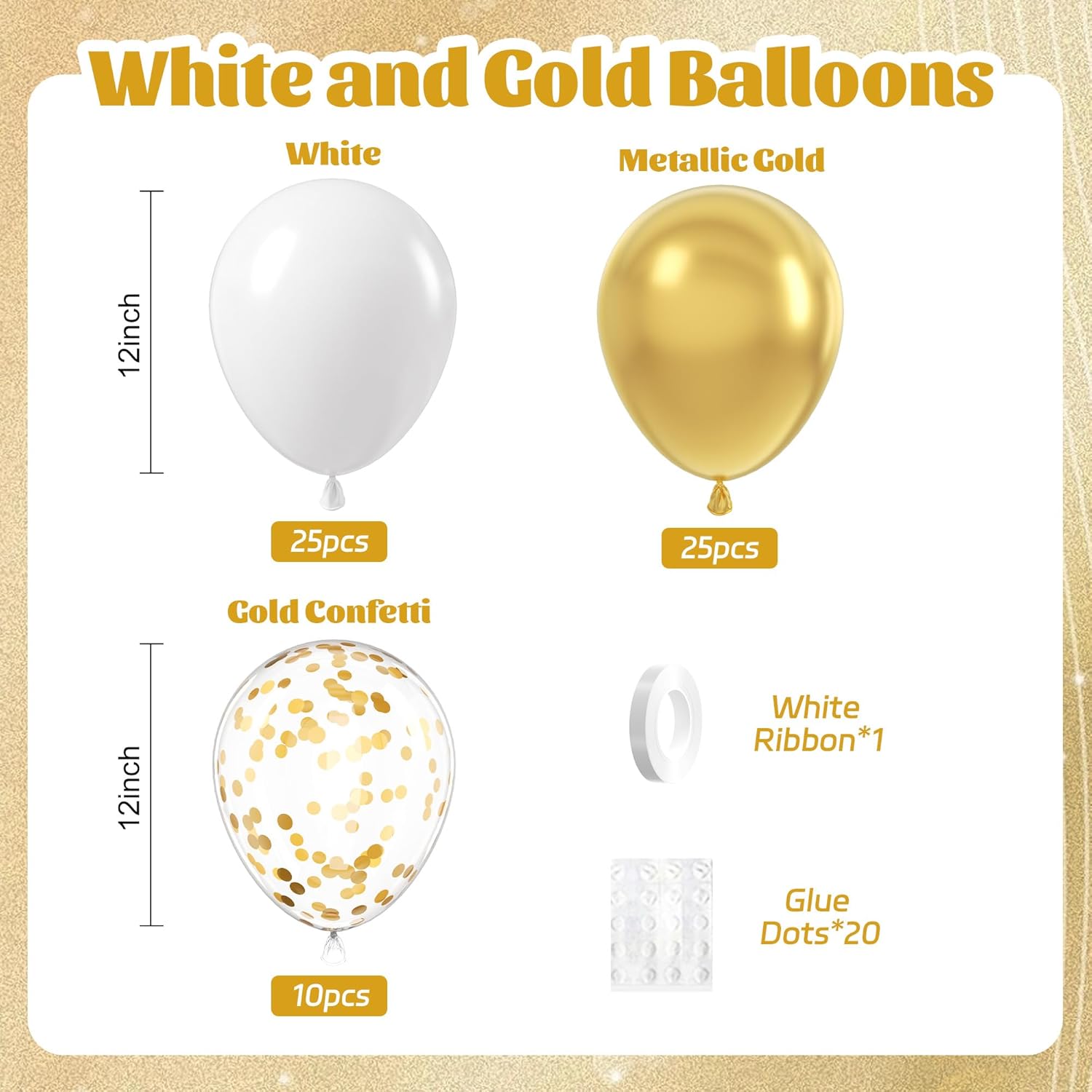 60pcs Gold and White Balloons 12inch for Party Decorations