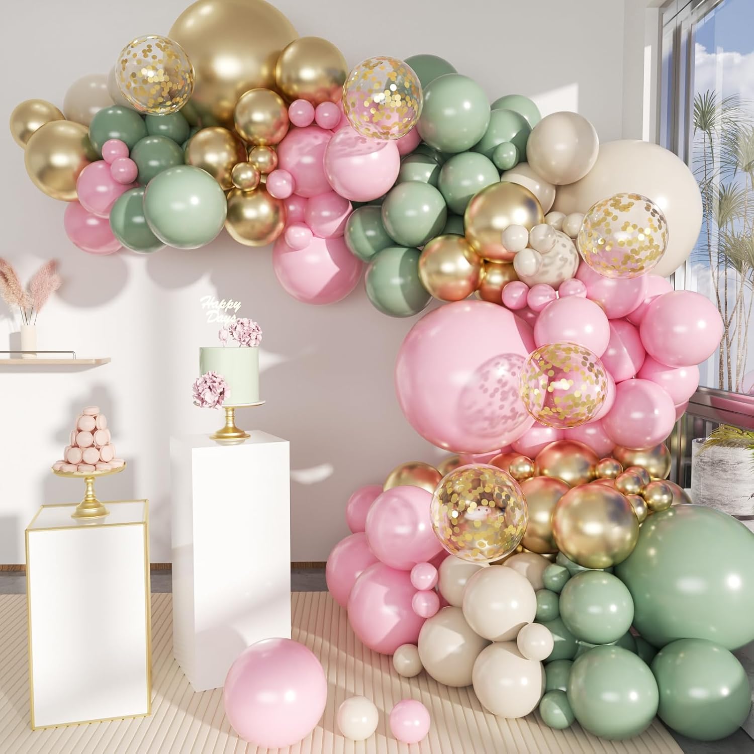 Sage Green Pink Gold Balloon Arch Kit 141Pcs