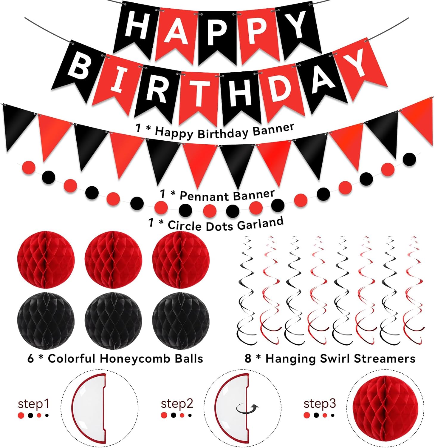 Red Black Happy Birthday Banner Decorations