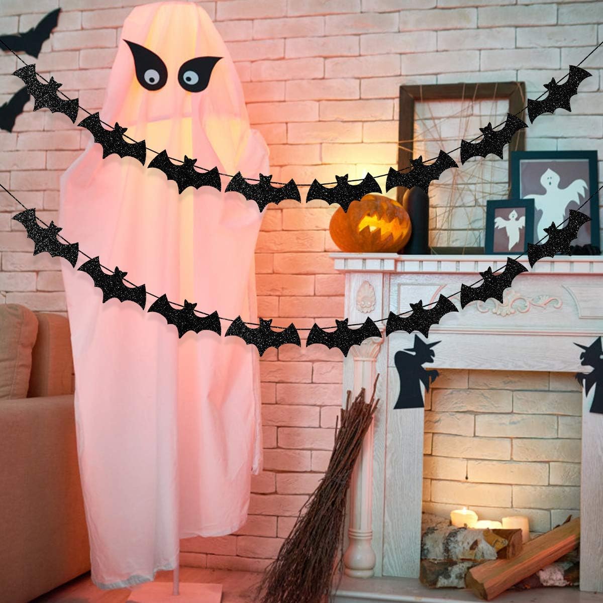LeeSky Black Glitter Bat Garland Halloween Decor