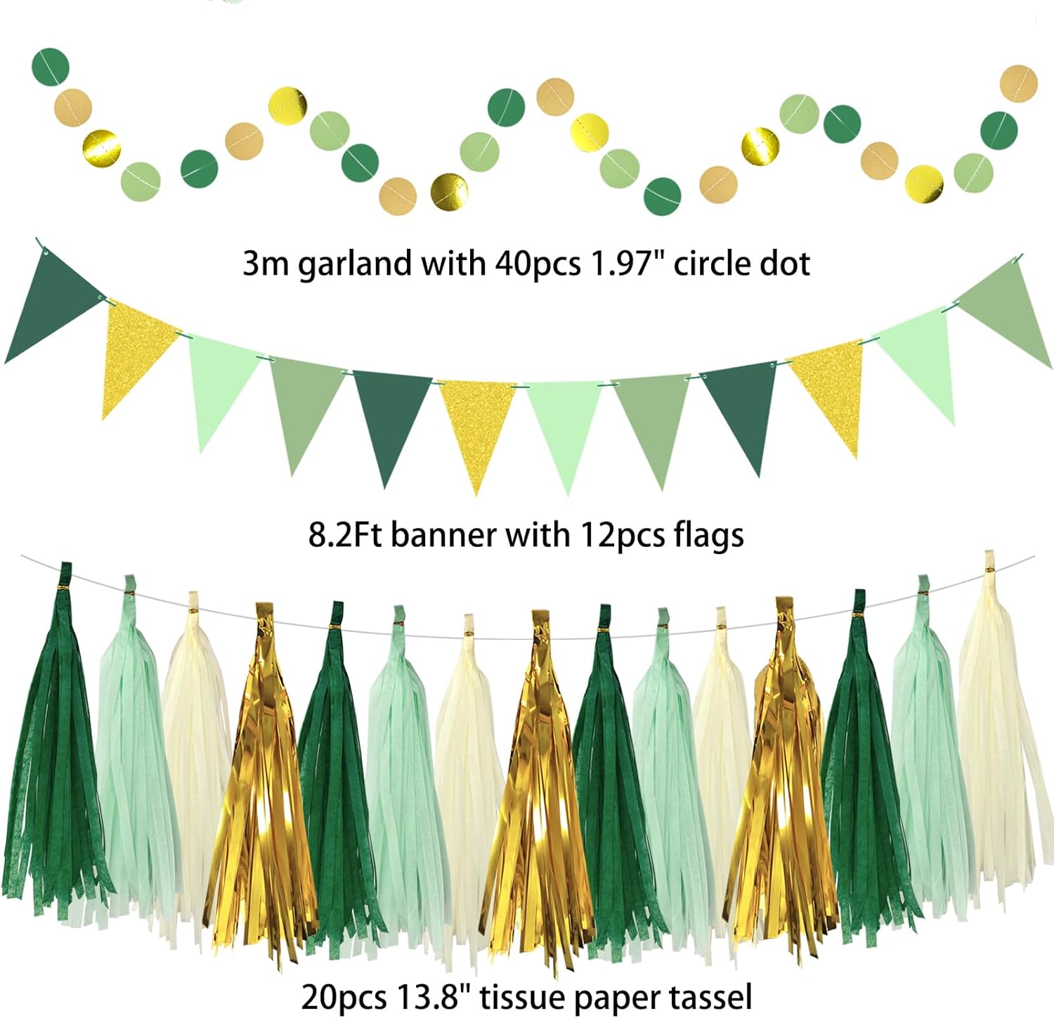 MEIWUTIE Green Gold Paper Fan Decorations Set