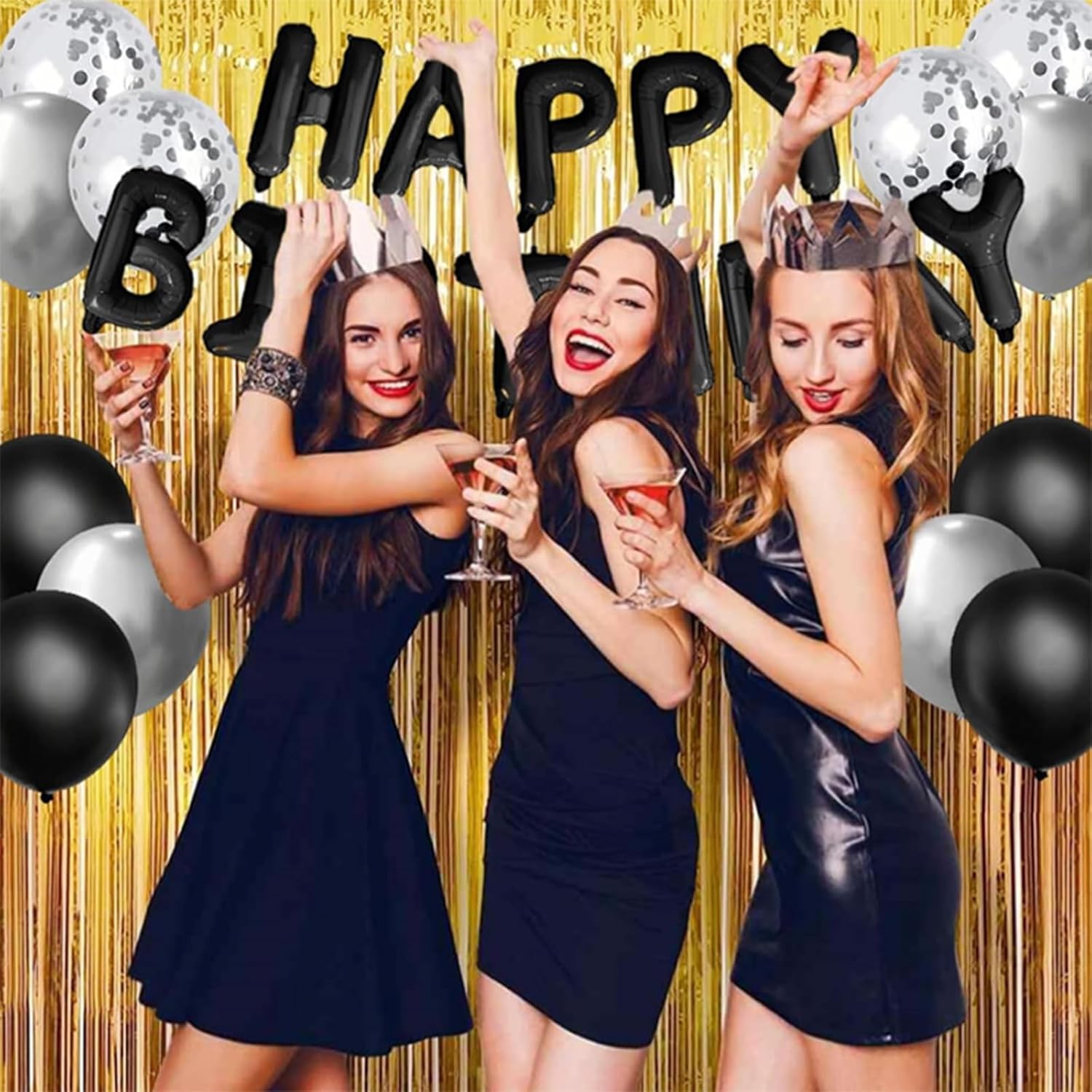 31PCS Birthday Balloons Decor Kit Black Silver Foil