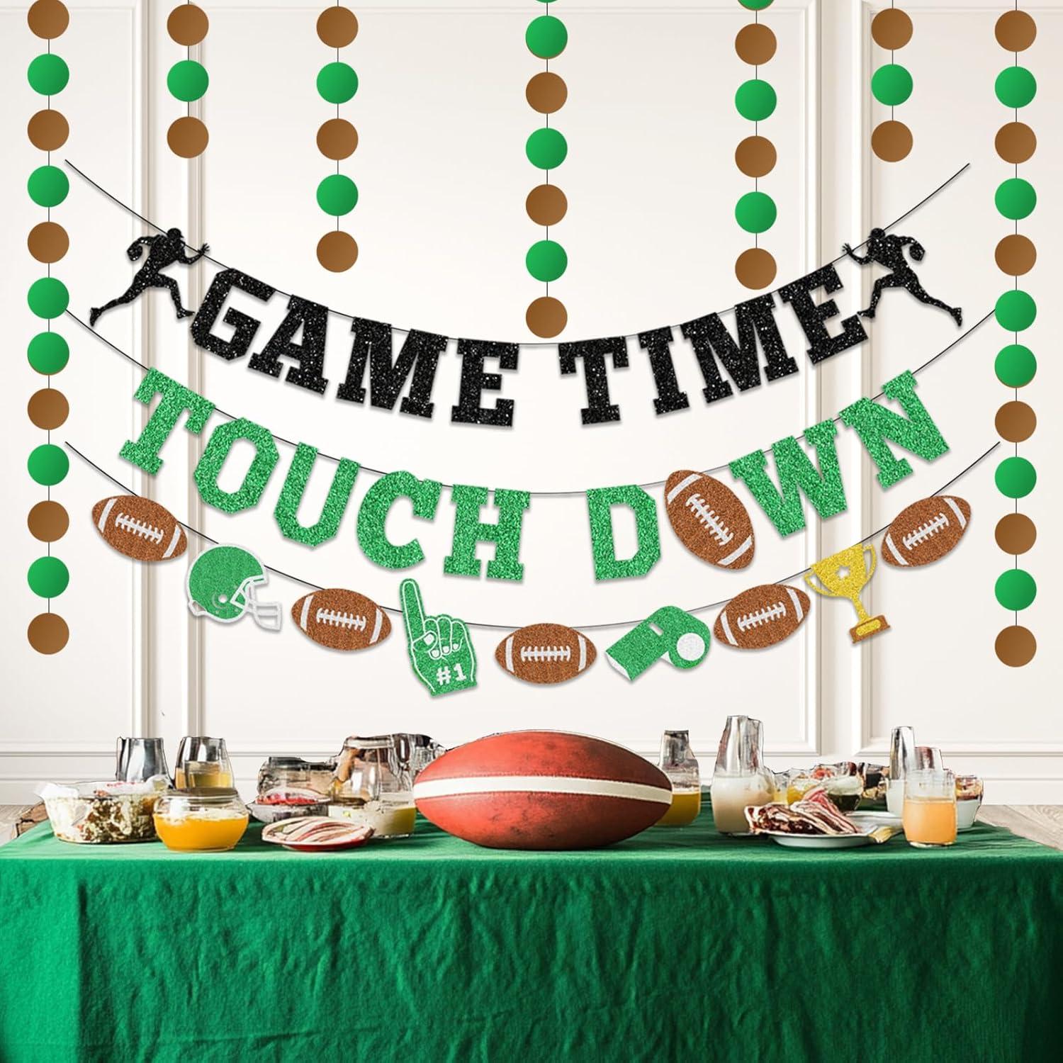 4Pcs Glitter Green Football Party Banners with Hanging Straps