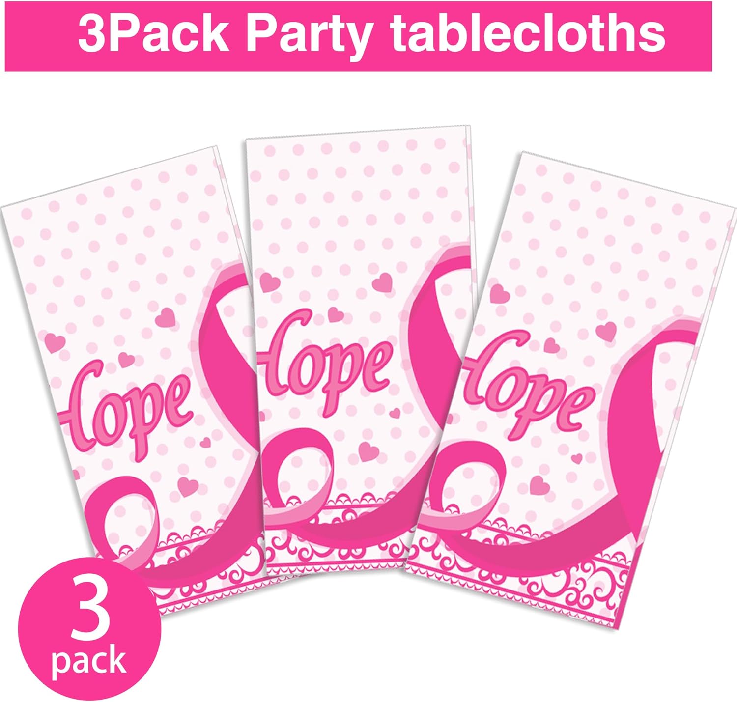 3PCS Breast Cancer Tablecloth Rectangular Plastic Covers Pink Ribbon Decorations