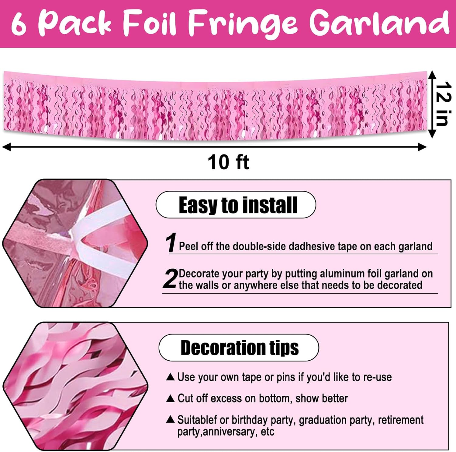 6 Pack 10 Feet Pink Metallic Foil Garland