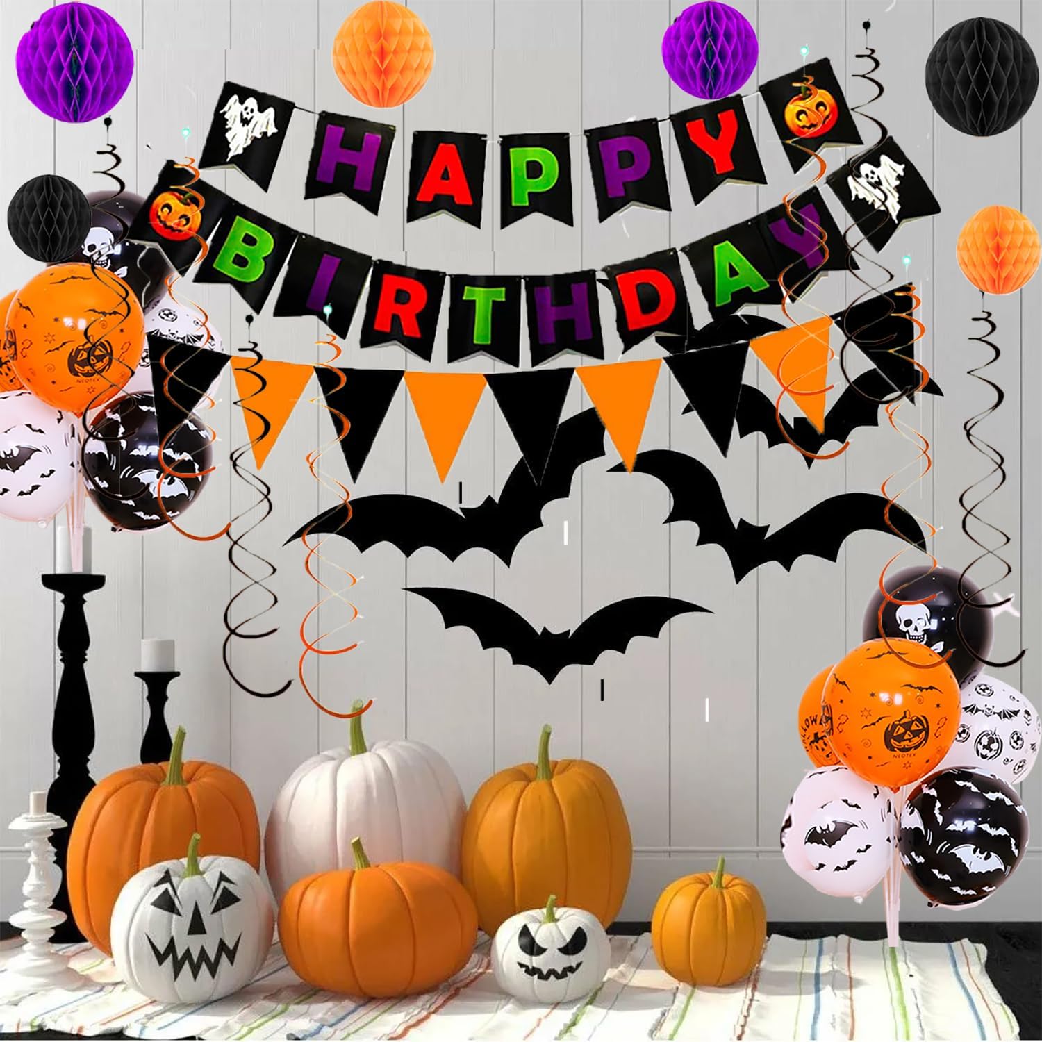 Halloween Birthday Decorations Set with Banners and Balloons