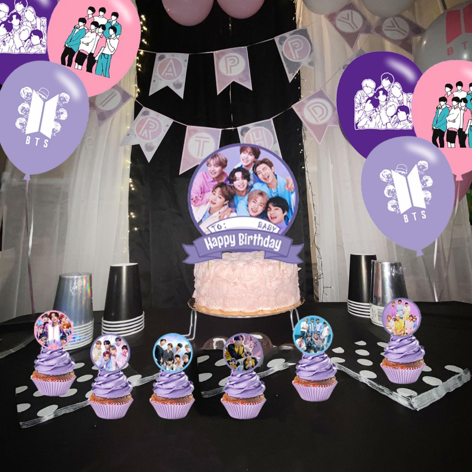 OUDINI Bangtan Boys Birthday Backdrop with Balloons and Party Decor